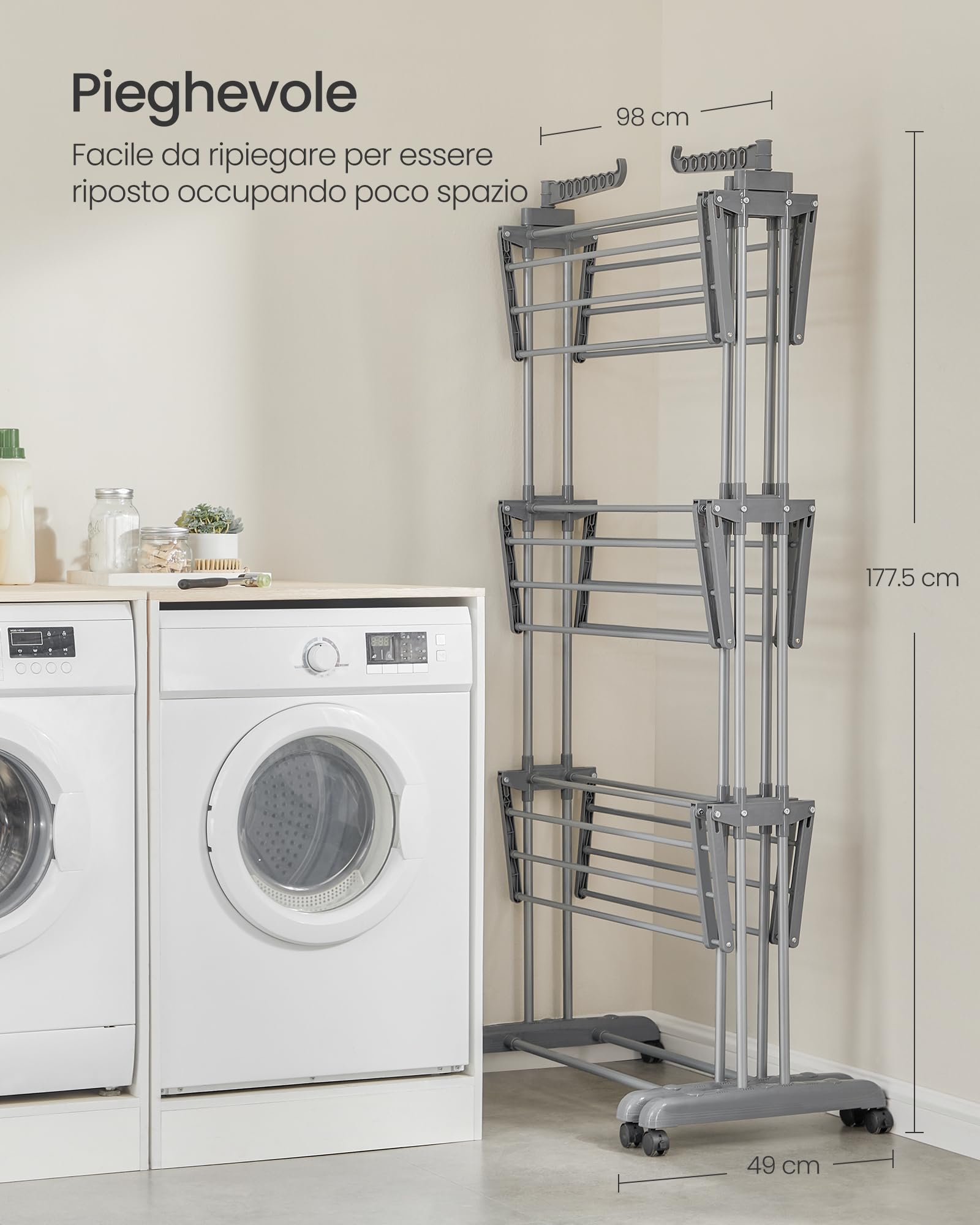 SONGMICS Stendibiancheria, Stendino Pieghevole a 4 Livelli, con Ruote e Ali Richiudibili，63,5 x (131-200) x 177,5 cm，Capiente, Uso Interno ed Esterno，Grigio Tortora LLR704G01