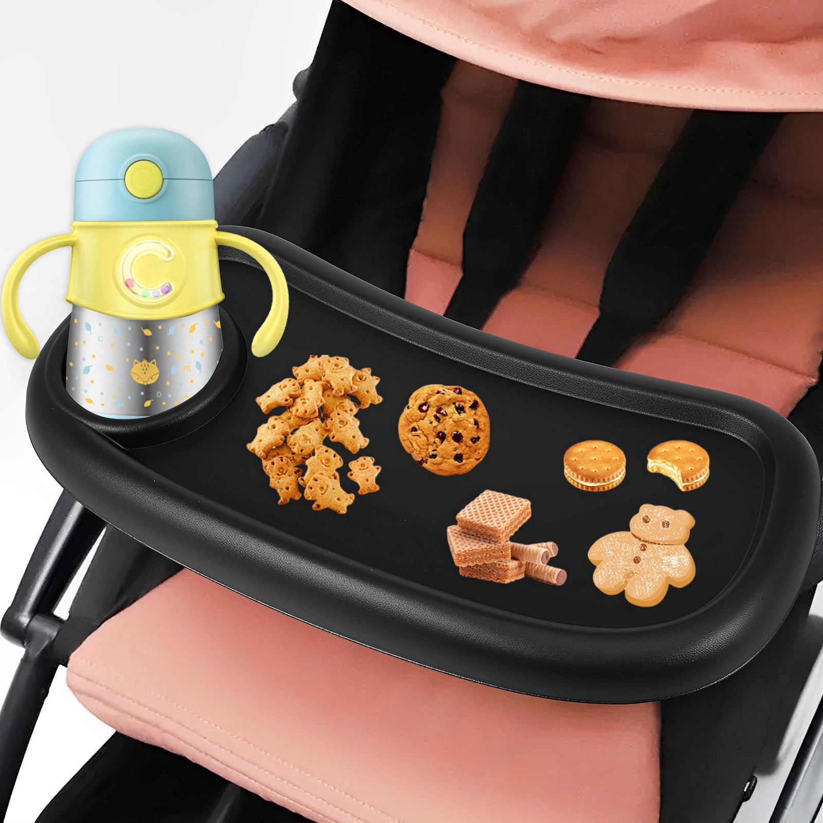 Plateau à goûter pour poussette avec porte-gobelet - Plateau de nourriture universel amovible pour poussette - Plateau à goûter avec boucle réglable et 2 crochets - Porte-collations réutilisable pour