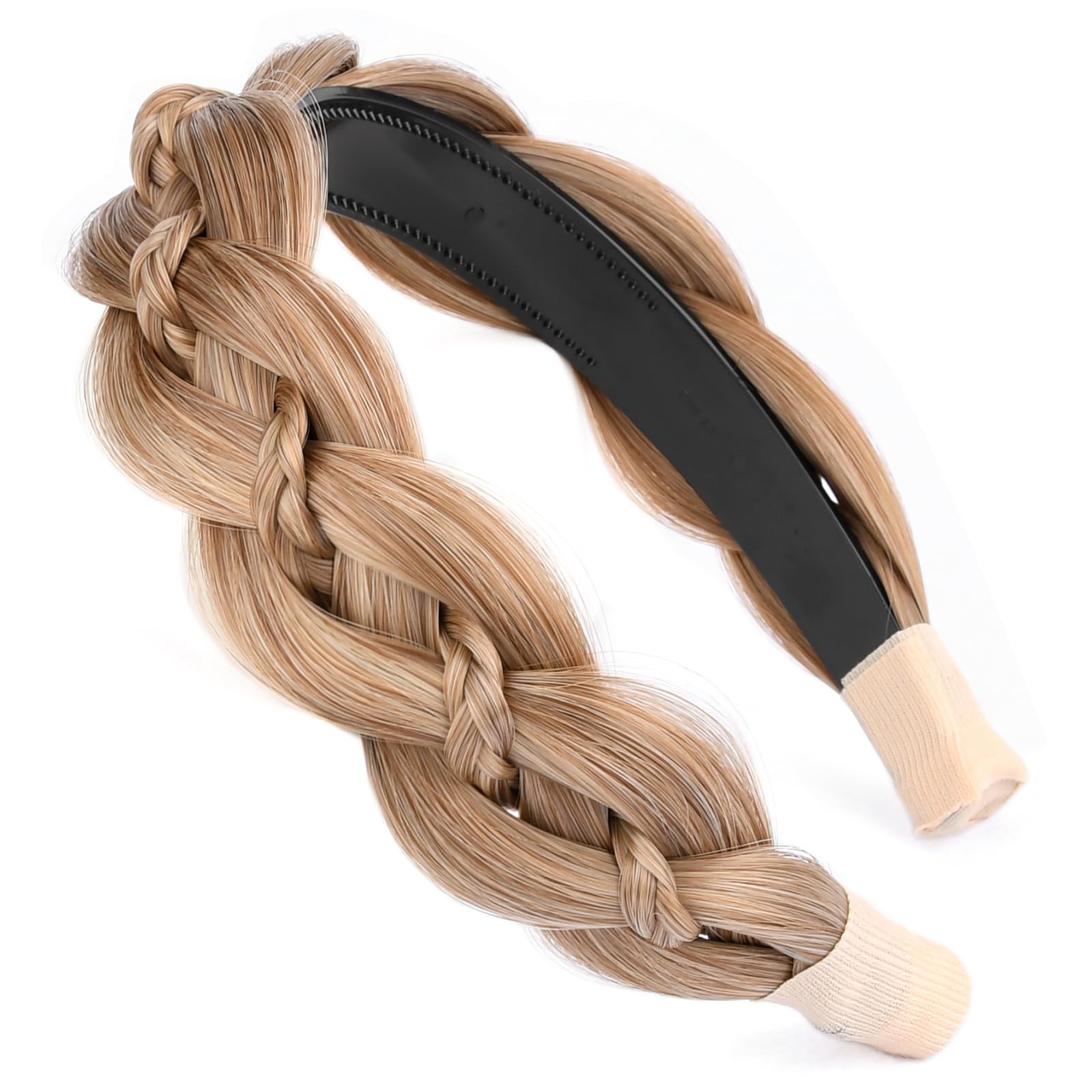 VOPPIS Wide Braided Headband with Teeth Synthetic Hair Plaited Headband Fishtail Braided Hair Band Hairpiece for Girls Women Beauty Accessory (Caramel