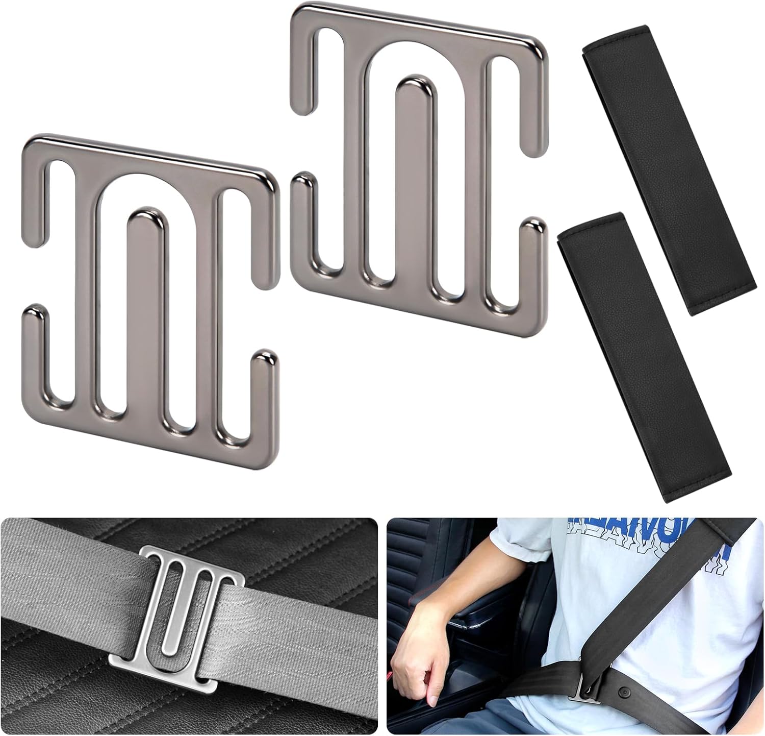AUSZUOI 2Pcs Seat Belt Clips and 2Pcs Seat Belt Cover Pad