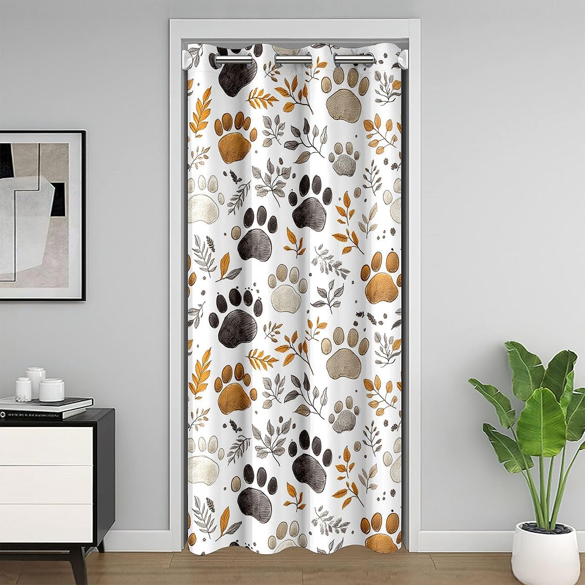 Manfei Cortina opaca con estampado de huellas de dibujos animados y plantas botánicas en acuarela para dormitorio, puerta, sala de estar, cortina rústica para puerta de granja, decoración de