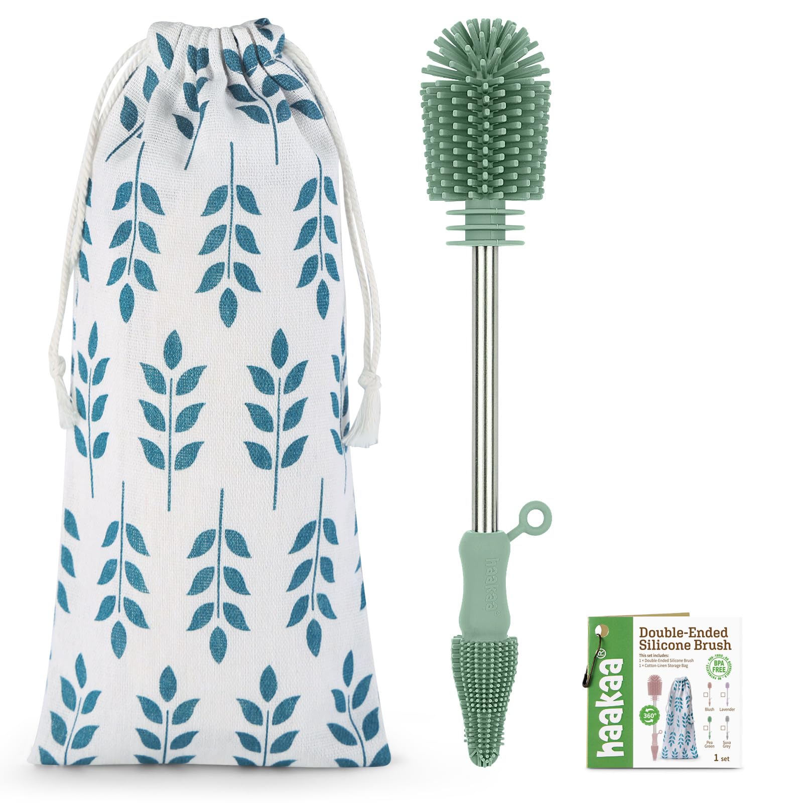 Haakaa Pea Green Silicone Cleaning Brush Kit-Baby Bottle Brush Scrubber For Breast Pump,Nipple,Breastmilk Storage Bag,Reusable Straws,Sippy Cup Soft Food Grade Silicone Bristle Portable - 1Pk