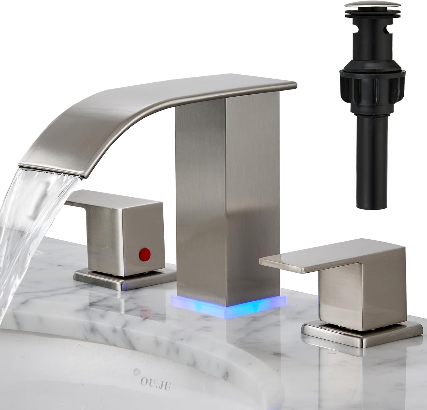 Bathroom faucets 3 Hole Brushed Nickel Vanity Faucet with led Waterfall Bathroom Faucet 3 Hole Sink Faucet Bathroom 8 inch Widespread Modern Parts Touch on 2 Handle