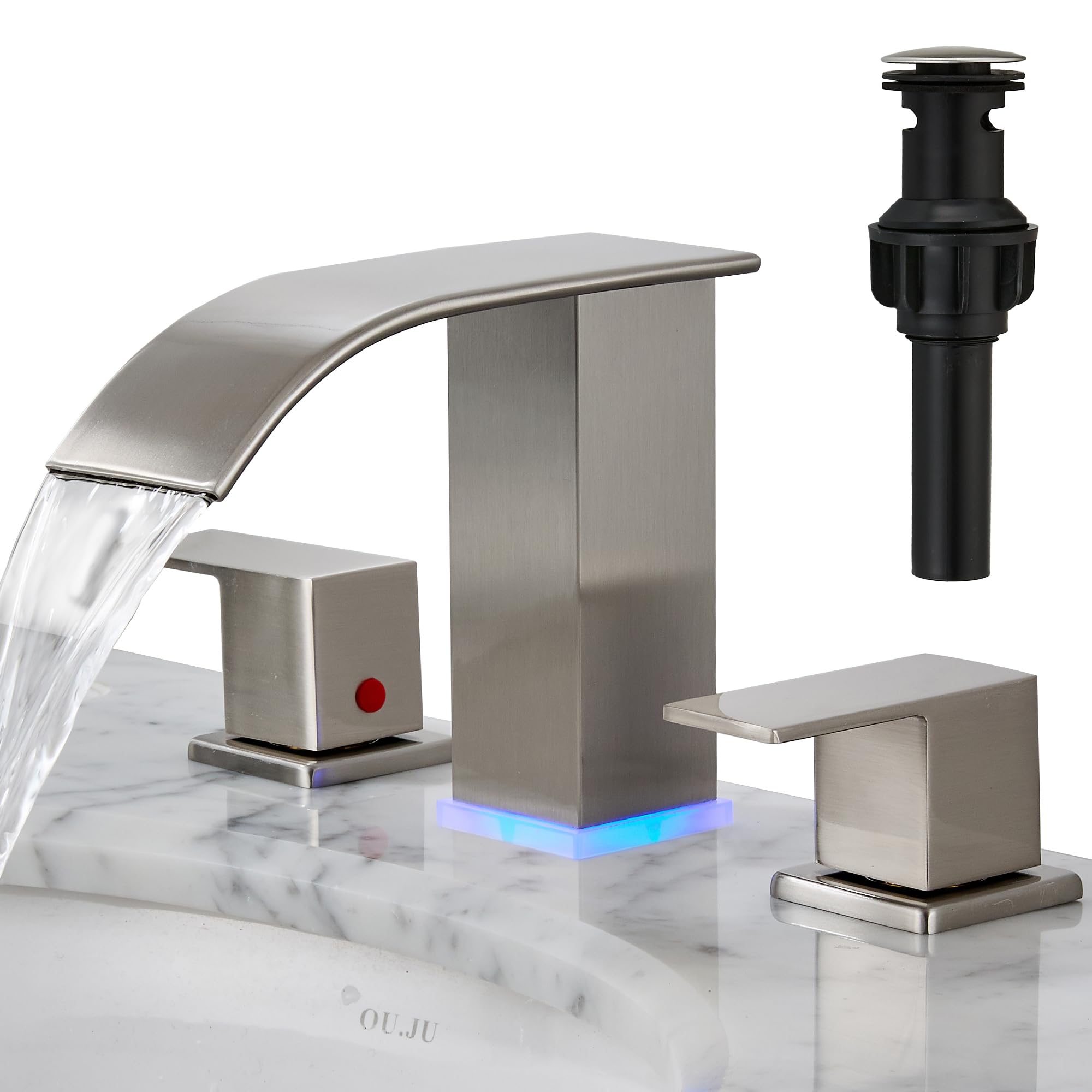 Bathroom faucets 3 Hole Brushed Nickel Vanity Faucet with led Waterfall ...