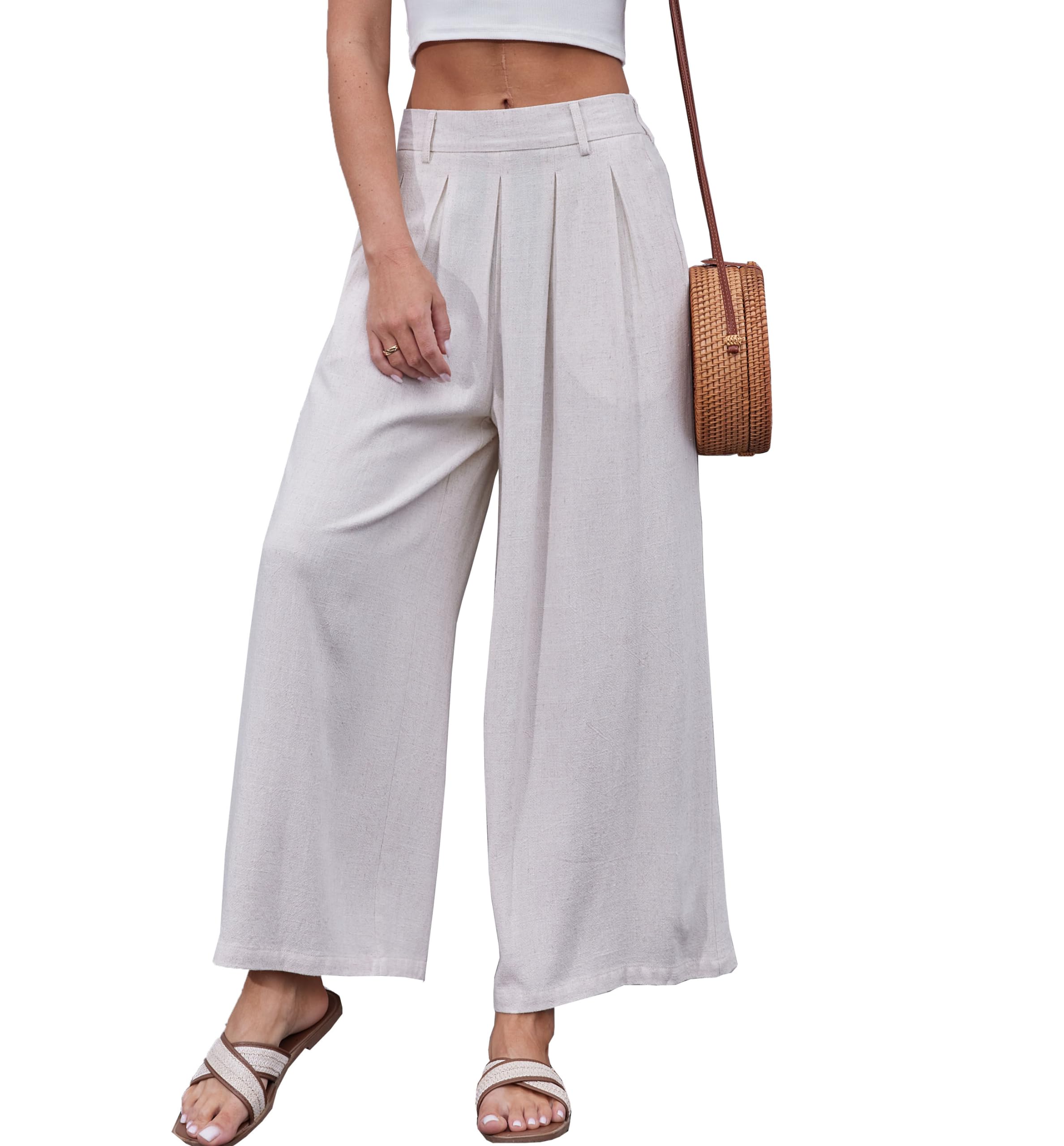 Fakanhui nette linnen formele damesbroek, casual zomerbroek voor kantoor, rechte wijde pijpen, pantalon van katoen linnen, Zwart, XXL Lange
