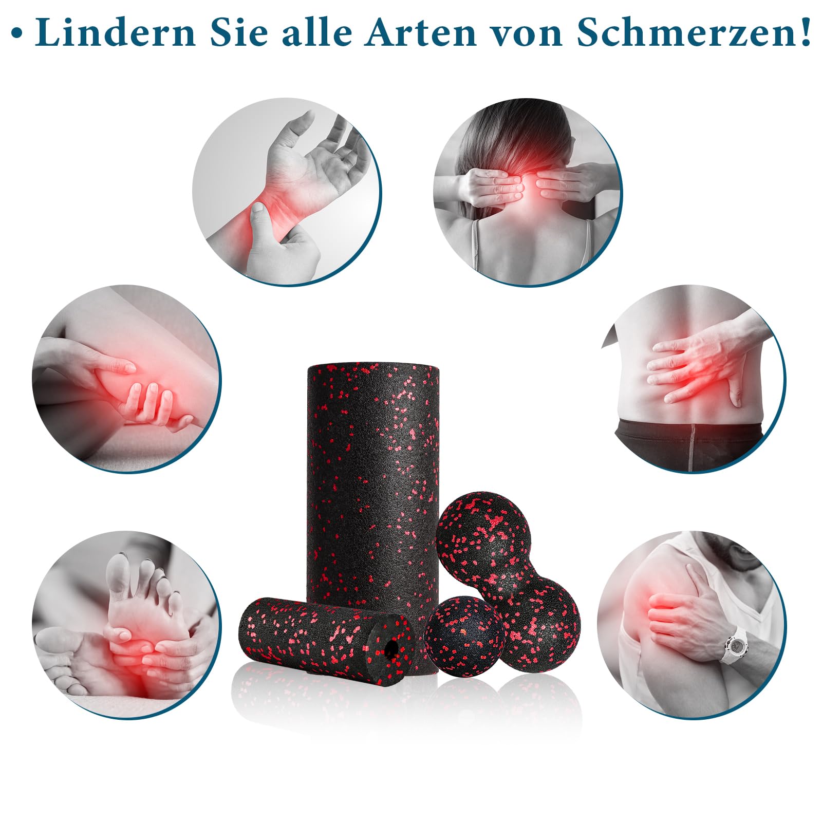 Zestaw wałków do masażu powięzi Blackroll Foam Roller zestaw z piłką do masażu powięzi, mały wałek do masażu powięzi, mały i podwójna piłka, do jogi, powięzi, treningu mięśni, czerwony