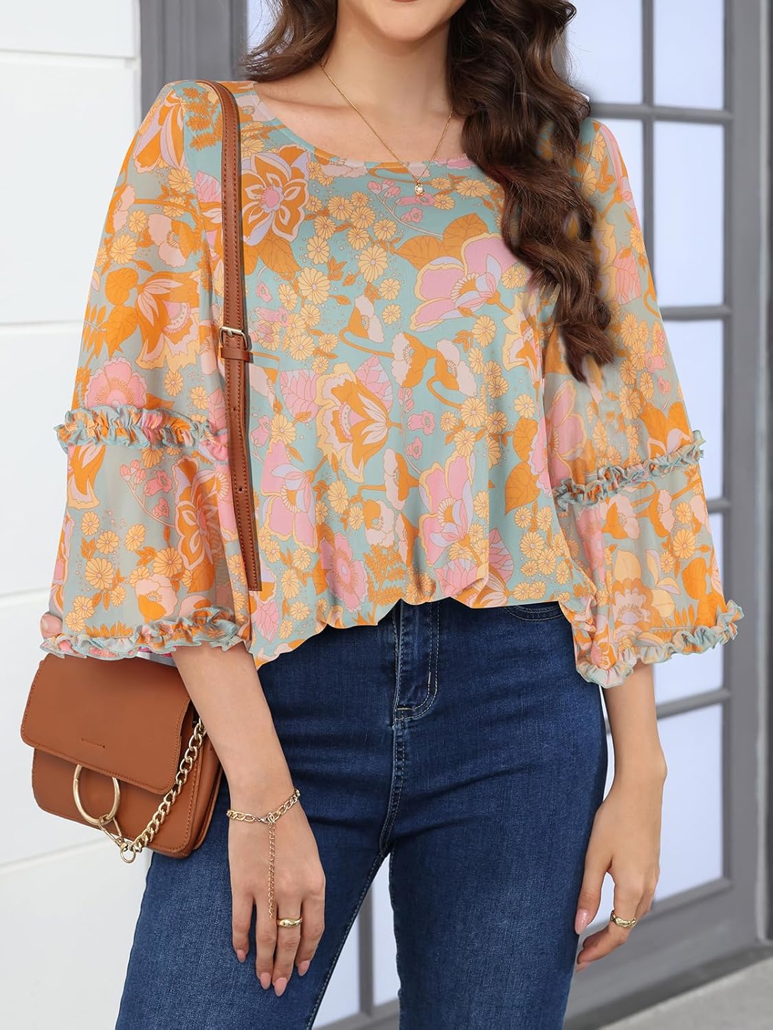 SeSe Code Ruffle 3/4 Sleeve Blouses for Women Dressy Casual Flowy Loose Fit Tunic Tops Work Stretchy Mesh Shirt Wrinkle Free - Image 6