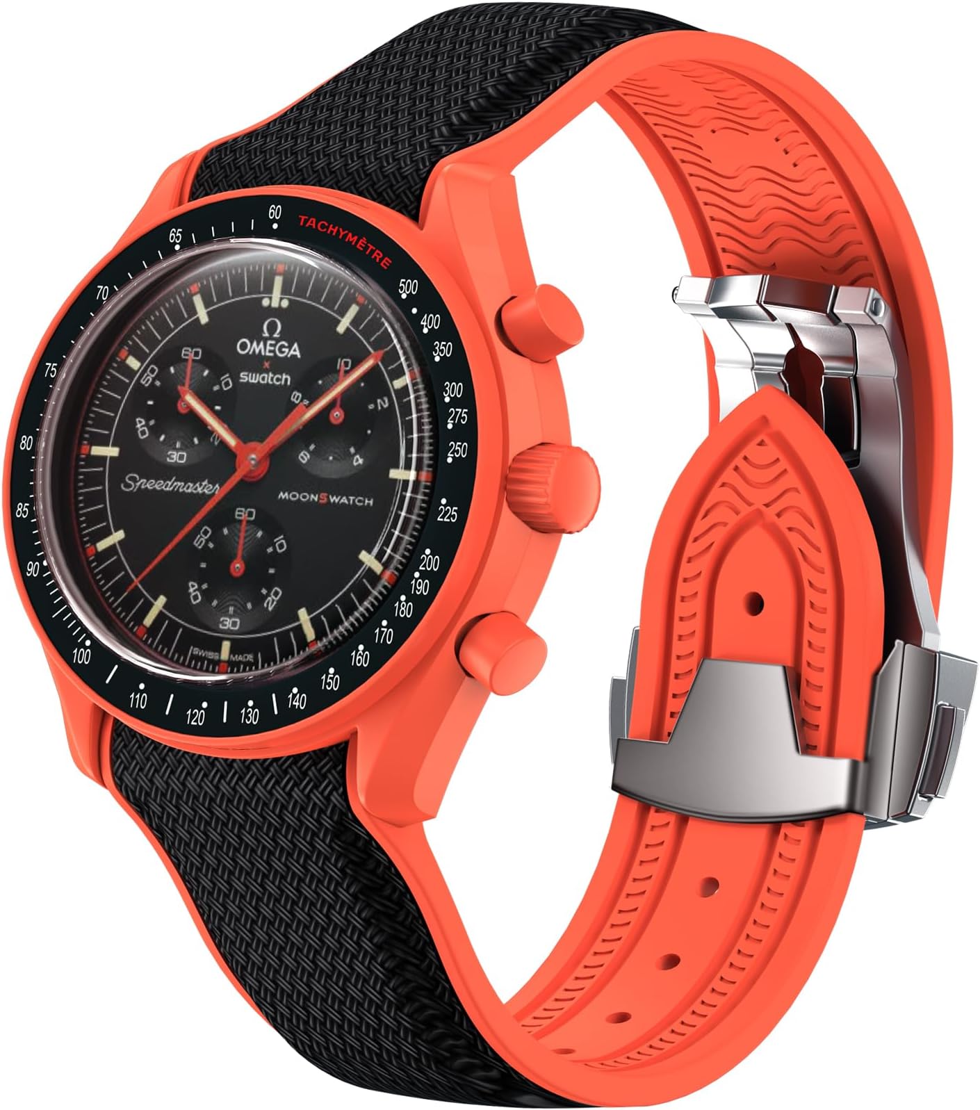REBANDACE Strap for Omega x Swatch MoonSwatch Watch 20mm,Folding Buckle Omega X Swatch Moonswatch Speedmaster Replacement Strap,Curved No Gap Moonswatch Swatch strap for Men Women (Black orange)