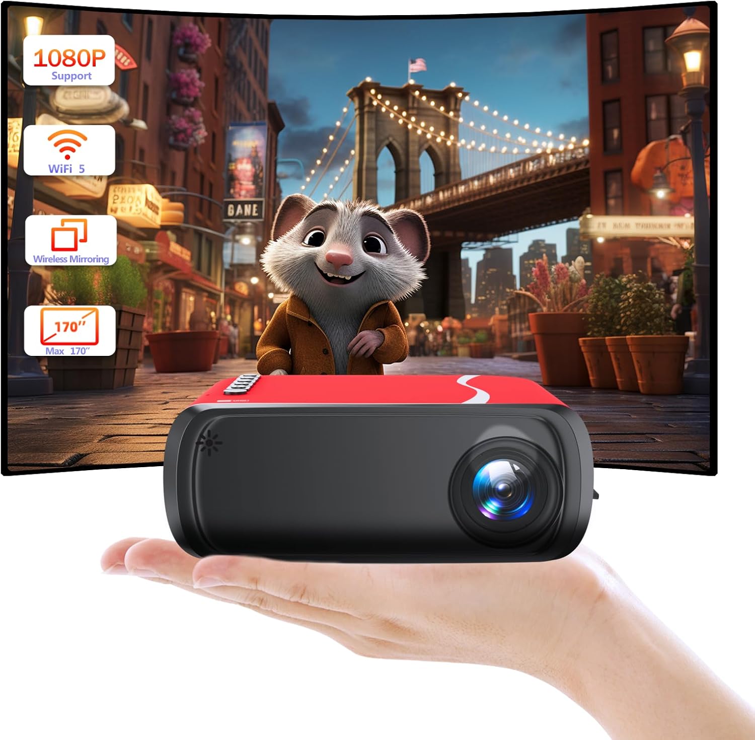 Mini Projector, iTJQ Portable Projector 1080P Supported for Indoor Outdoor Movies, Phone Projector Compatible with iOS/ Android, Laptop, TV Stick/ PS5, USB/HDMI/Type-C