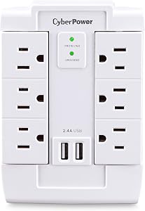 CyberPower CSP600WSURC2 Surge Protector, 1500J/125V, 6 Swivel Outlets, 2 USB Charging Ports, Wall Tap Design, White, UL listed