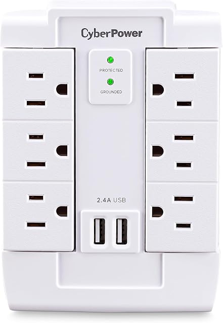CyberPower CSP600WSURC2 Protecteur de surpression, 1500J/125V, 6 Des sorties pivotantes, 2 USB Ports de recharge, conception de robinets muraux, blanc, UL énuméré