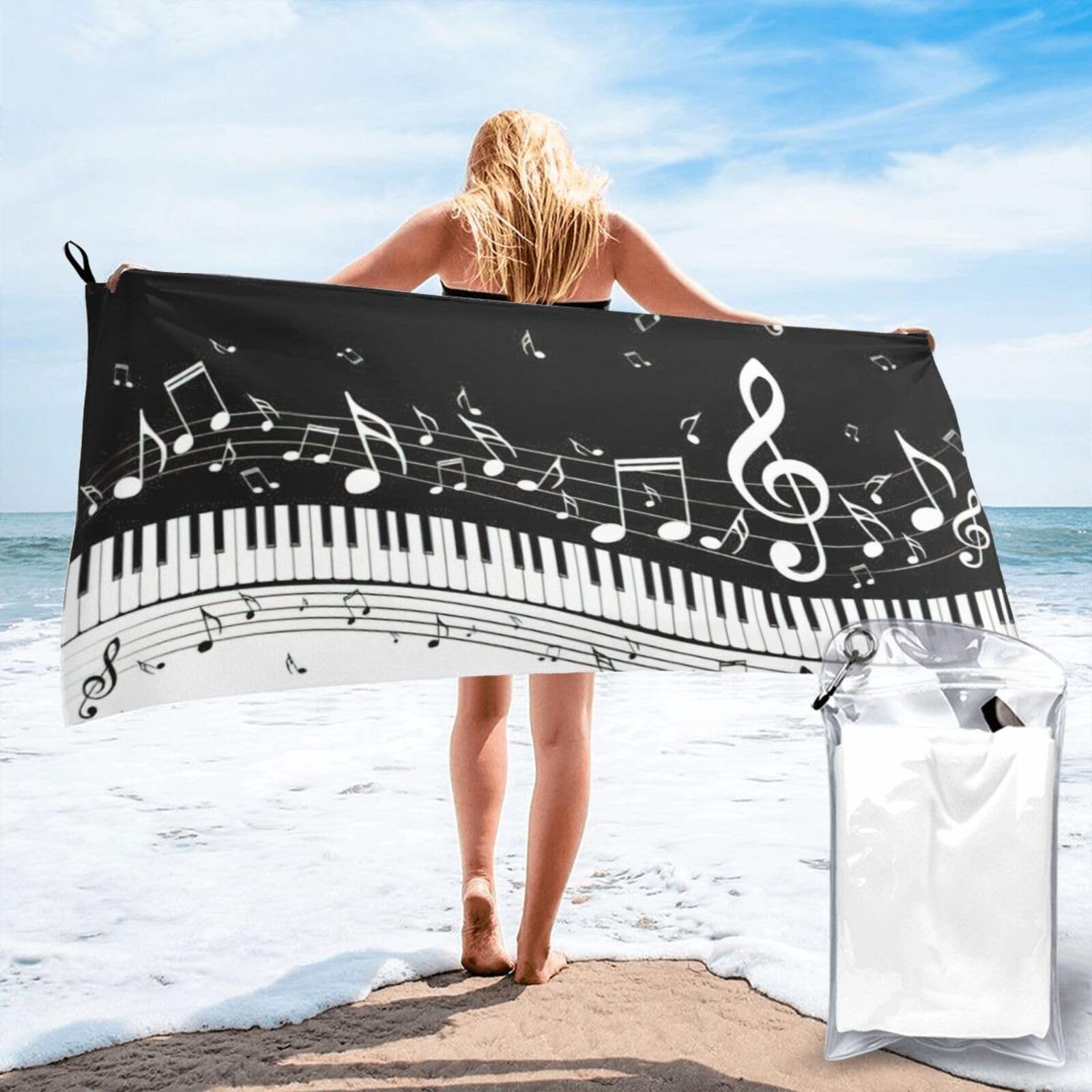 Toalla de diseño musical con notas de piano, acabado suave premium para yoga