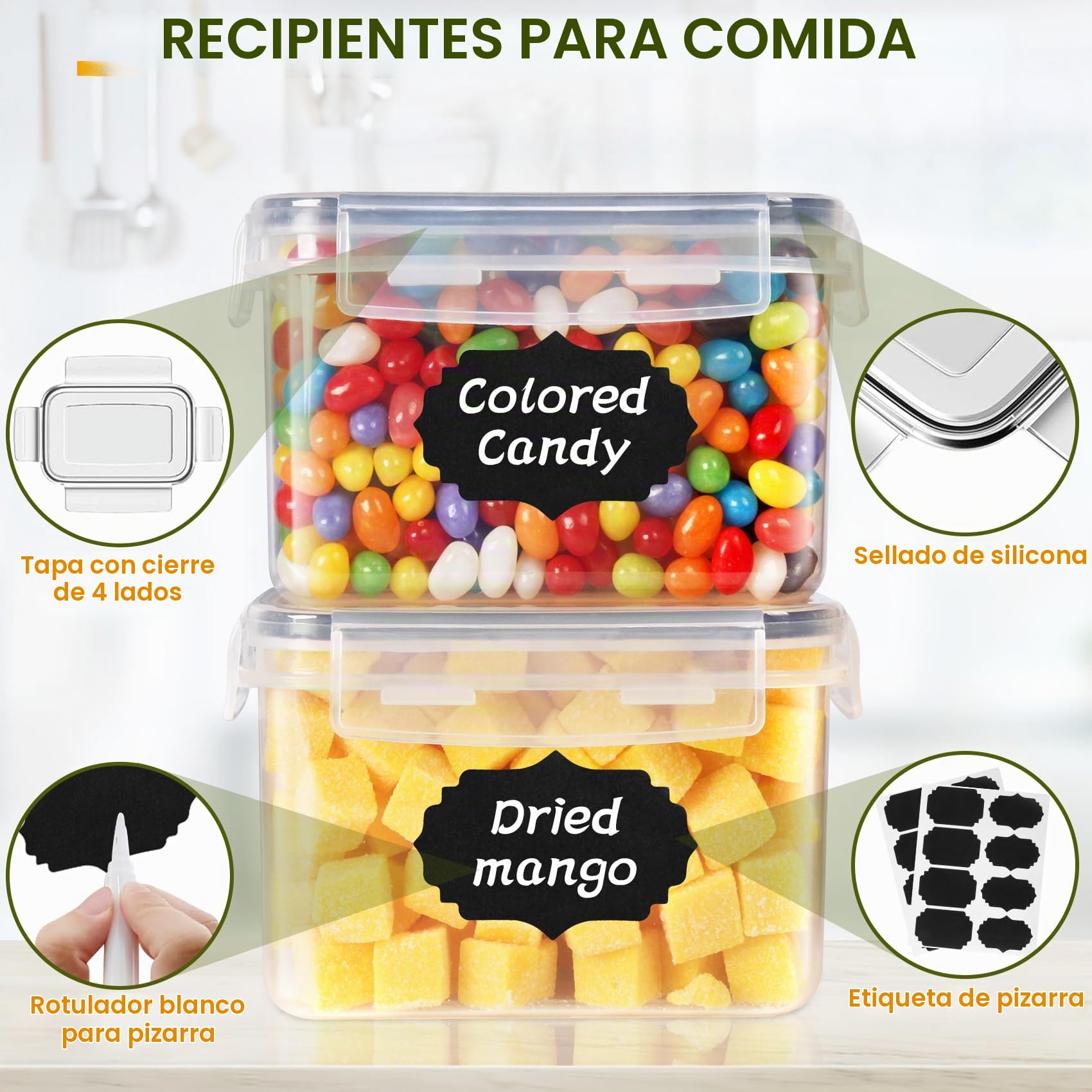 Cinnani 2.8L Botes Cocina Almacenaje 6 Piezas, Recipientes para Alimentos de Plástico, sin BPA, Botes Cocina Hermeticos Contenedores para Cereales, Pasta, Arroz, Harina