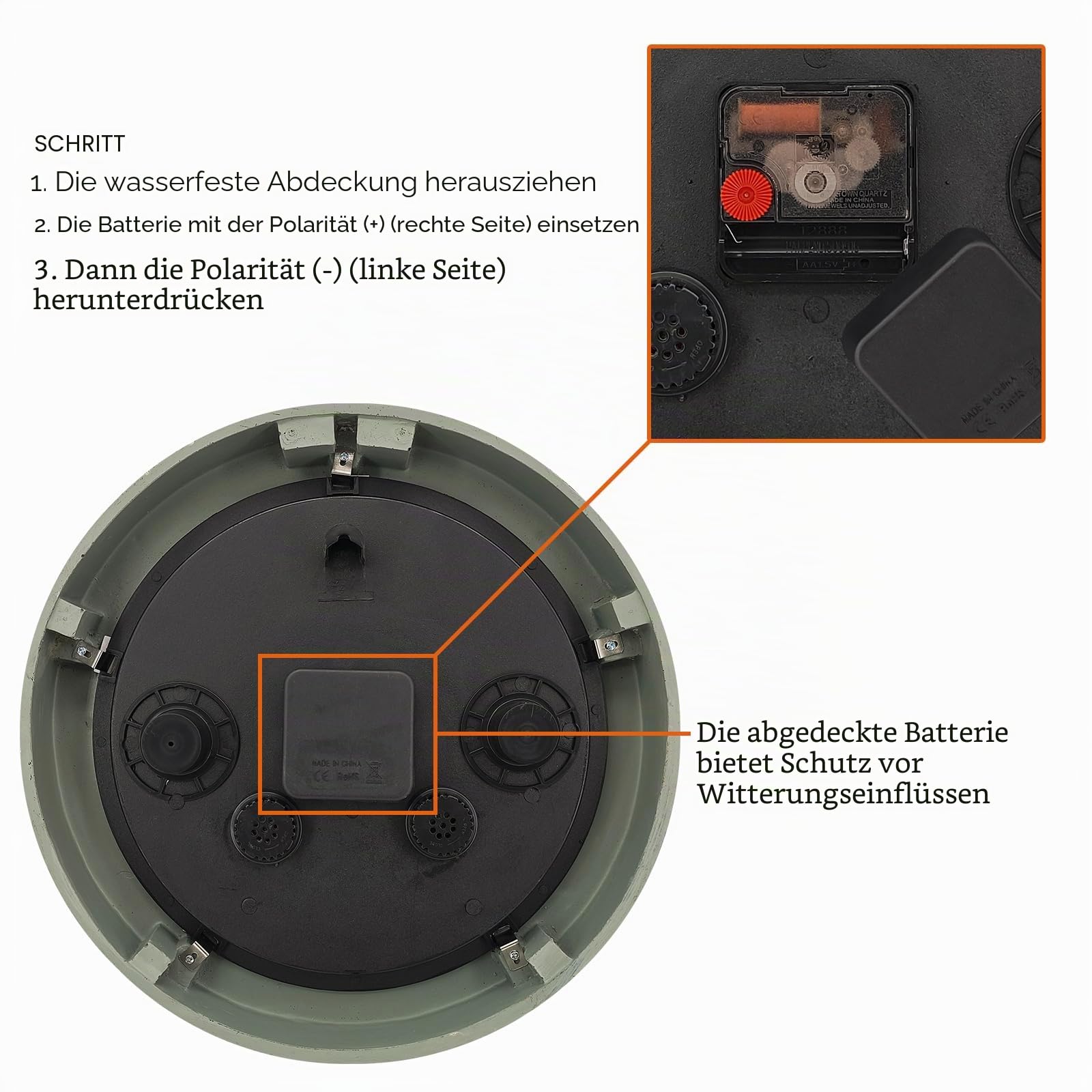 OCEST Robuste Gartenuhren für den Außenbereich, Outdoor wasserdicht, 33 cm große Kunstharz-Wanduhr mit Thermometer und Hygrometer, batteriebetrieben,dekorative Uhren für Terrasse, Pool Outdoor