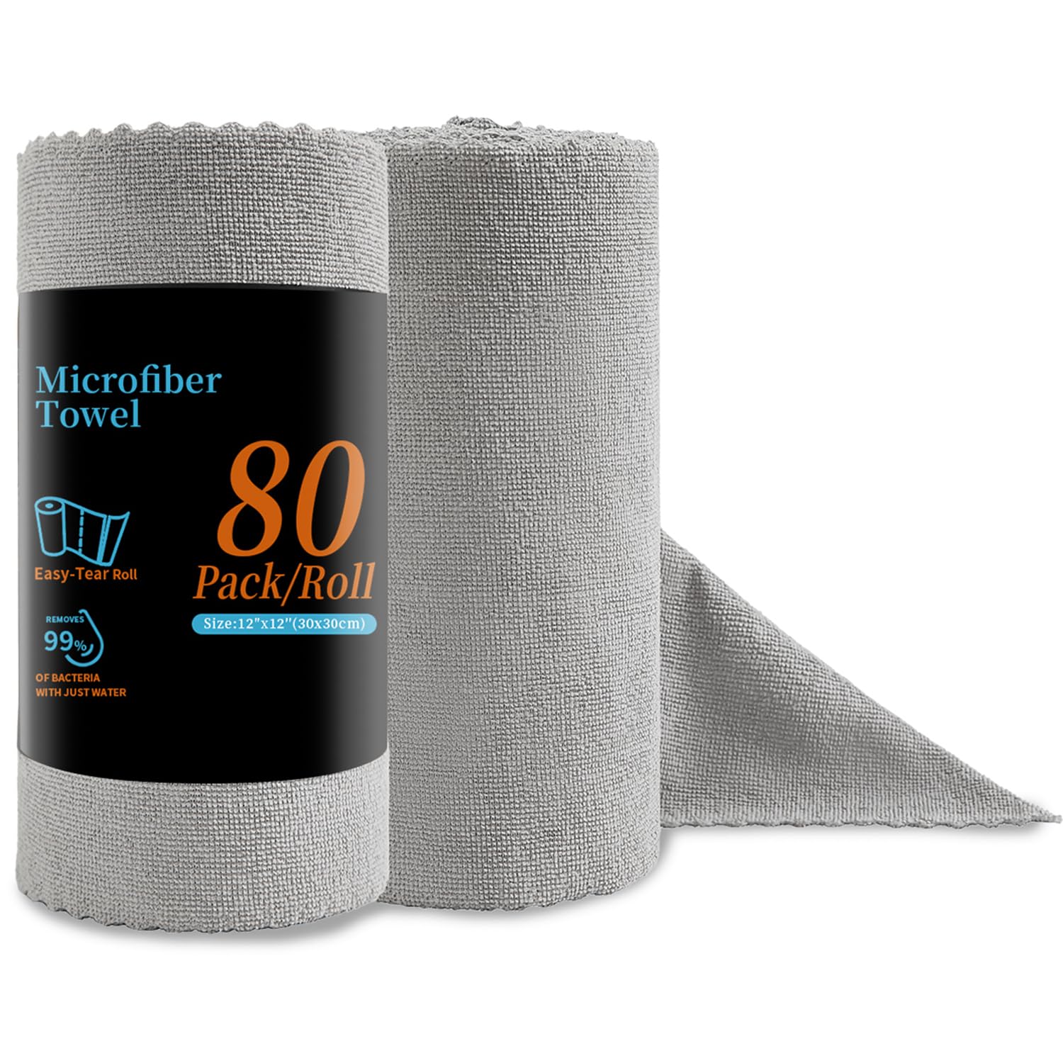 80 Pack Microfiber Cleaning Cloth Roll Grey Reusable Paper Towels 12x12 Tear Away Cloth Microfiber Towels for Cars