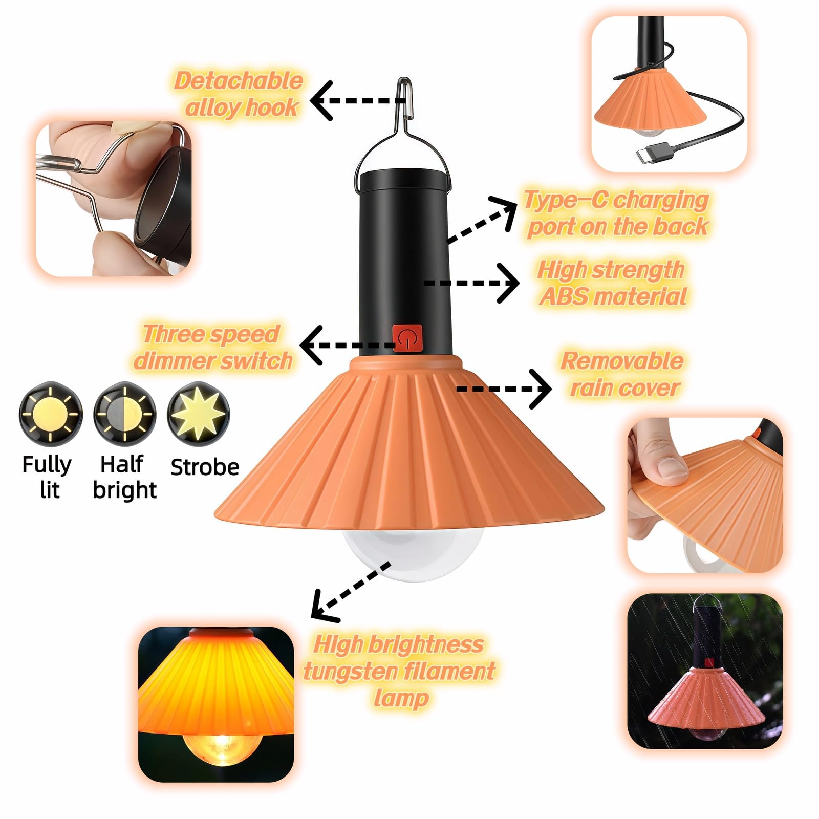 Luz LED recargable para camping, 3000 K, blanco cálido, 3 modos de brillo, IPX6 impermeable, carga USB-C, gancho desmontable, luz portátil para tienda de campaña con gancho para emergencia al aire