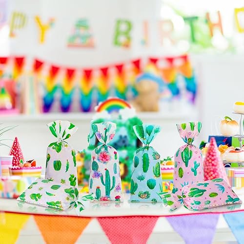 Miniatura 3 de Fulmoon 100 bolsas de caramelos de cactus florales con lazos, bolsas de celofán con lazos, regalos de fiesta, regalo de cactus, decoraciones de