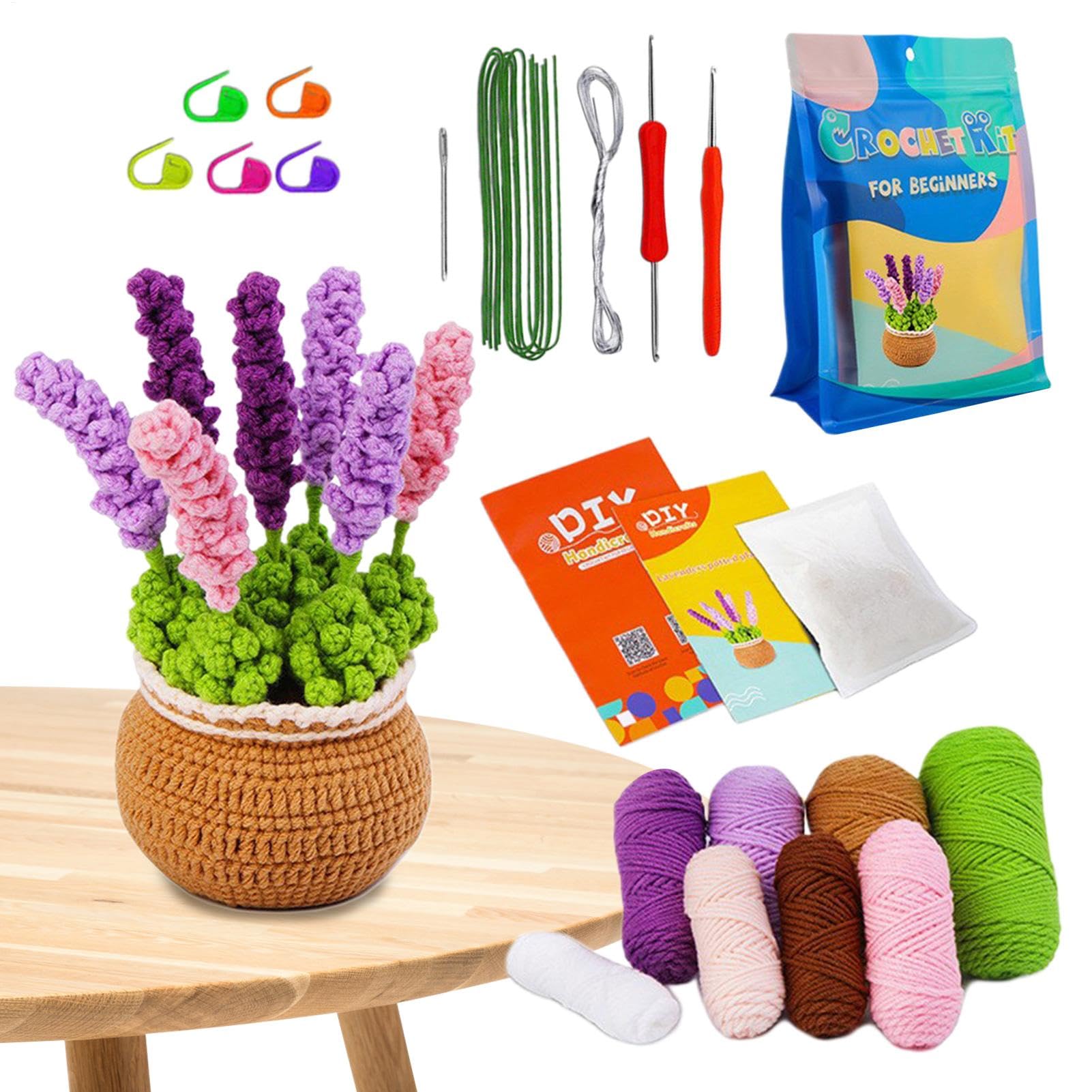 Whnbuij Kit de flores de ganchillo,Kit de ganchillo de plantas en macetas | Plantas en maceta hechas a mano para principiantes - Kit de flores de lavanda, kit de inicio de plantas en macetas, suministr