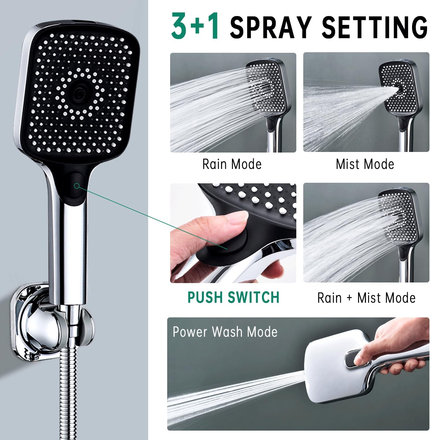 Shower Heads with Handheld Spray Combo, 13 Inches Rain Shower Head with 4 Mode Handheld Wand, and 13 Inches Adjustable Extension Arm, 3 Way Diverter Valve, Extra Long Hose (Chrome)
