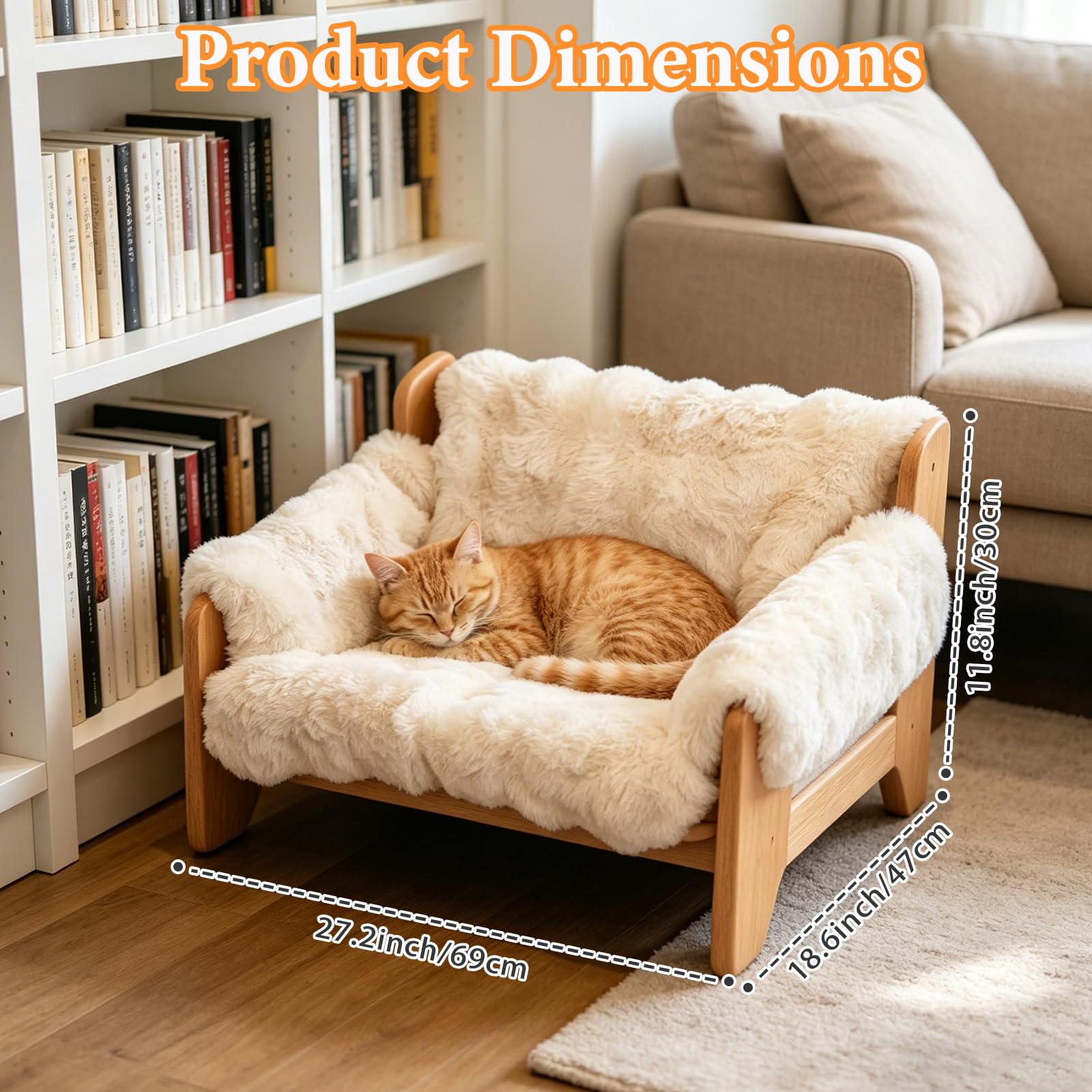 AtomviaErhöhtes Katzenbett aus Holz 69 x 47 x 30 cm, Katzensofa mit Abnehmbarem Waschbarem Plüschbezug, Katzenliege Indoor, Robustes Katzenmöbel für Kleine und Große Katzen, Cremeweiß