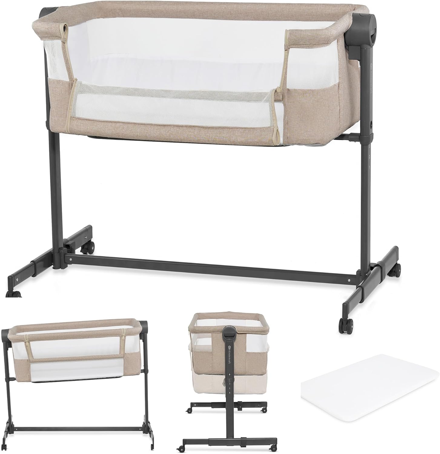 Kinderkraft Neste UP2 Bedside Cot 2 in 1, Co-Sleeper from Birth, Travel Cot for Newborn, Adjustable Height, Included Mattress Sheet, with 4 Wheels, Breathable Mesh, Beige