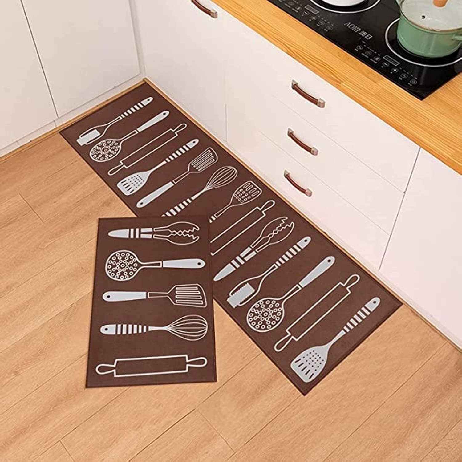 MUMTAZ Kitchen Rugs 2 Pcs Set,Kitchen Floor Mat Set,Non-Slip Kitchen Mat and Rugs for Kitchen/Floor Home/Office/Sink/Laundry(40 * 60+40 * 120cm) (Brown)
