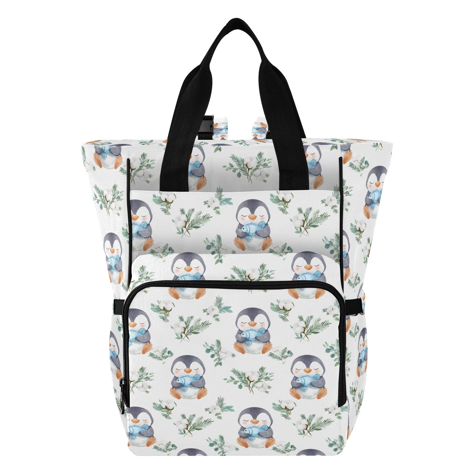 Mnsruu Sac à dos à langer imperméable avec motif de pingouin tenant un poisson pour les mamans et les papas