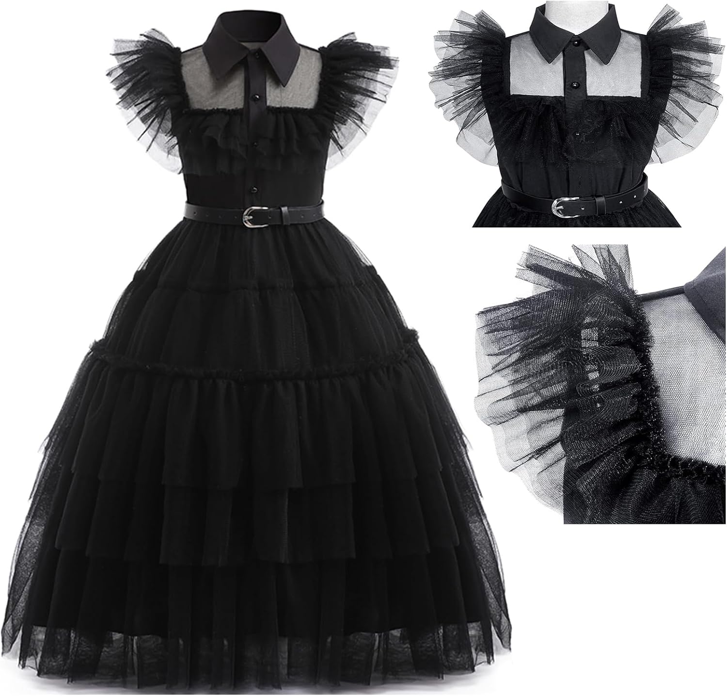 Black Costumes Merlina Dress up for Girls Kids Halloweenwith Wig and Bag 4-12 Years - Image 3