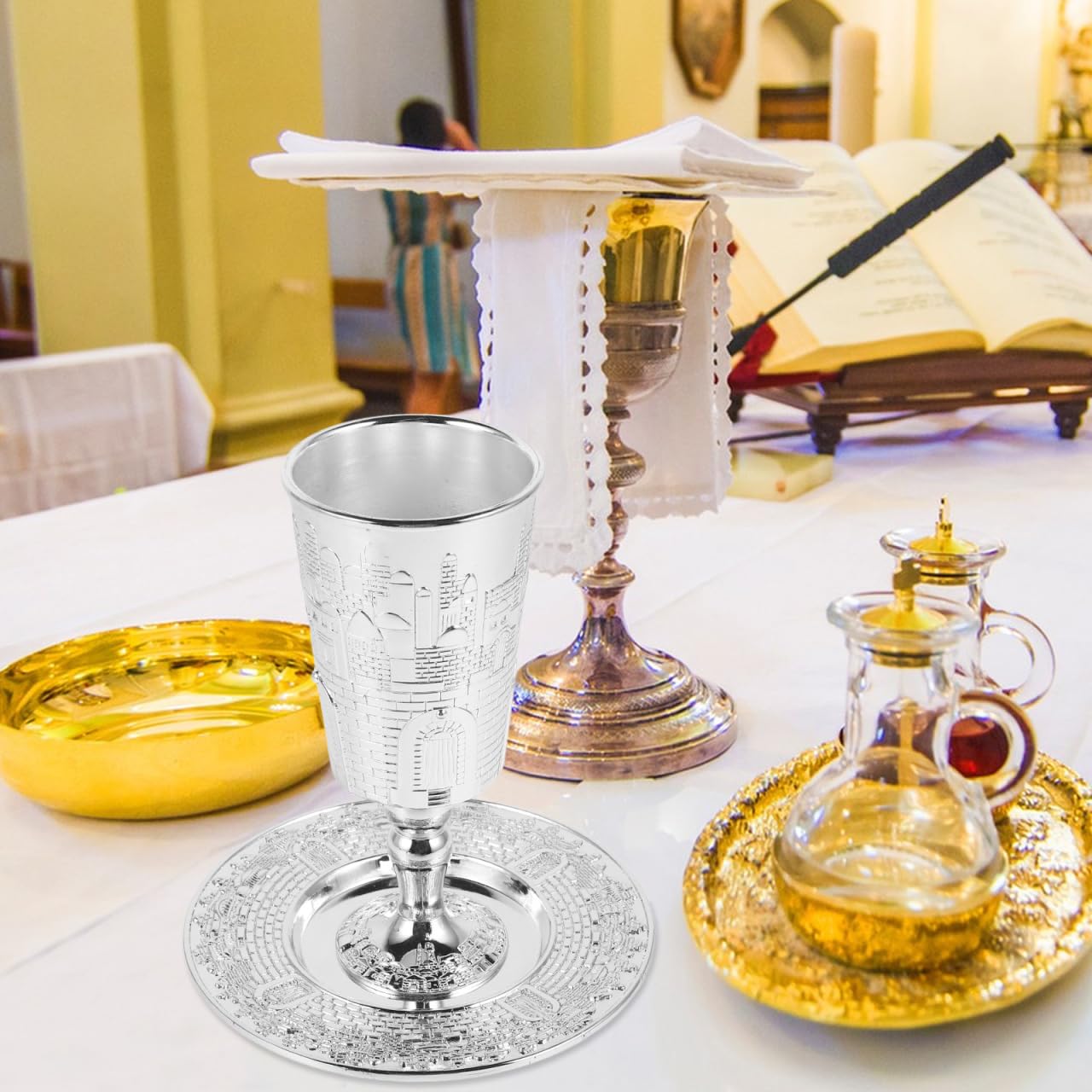 FOMIYES Ensemble Tasse De Kiddouch Et Soucoupe En Alliage De Zinc Pour Shabbat Et FêTes Juives Verre De Kiddouch Shabbat Sacré DéCorations De Vacances JudaïQues CéRéMonie Traditionnelle