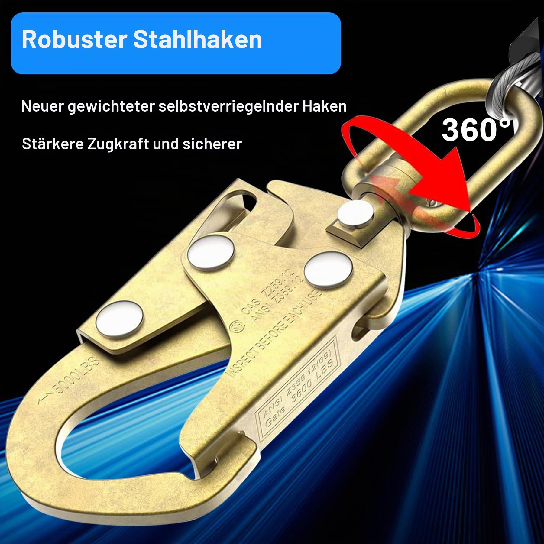 Höhensicherungsgerät Absturzsicherung 3m/5m/7m/10m/15m/20m, Absturzsicherung Einziehbar 150KG mit Selbstsicherndem Haken, Tragbar Fallschutz Auffanggerät für Dach und Luftarbeiten (10m)