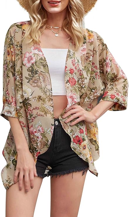 Honeeladyy Discount Bikini Cover Ups For Women Floral Print Chiffon Kimono Cardigan Sheer Bathing Suit Cover Up Summer Beach-wear Shawl D Black