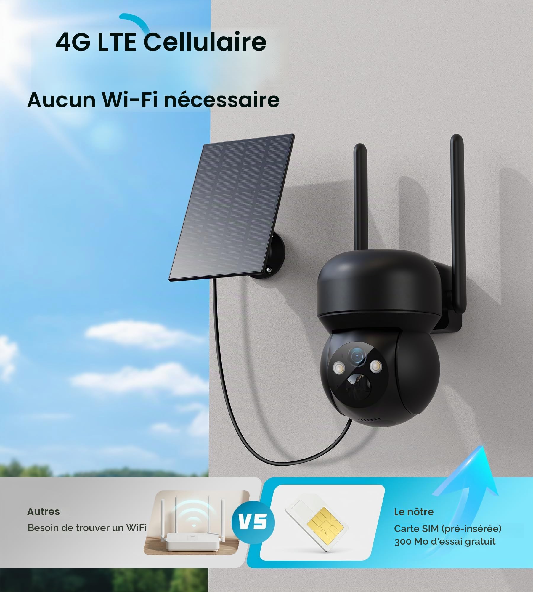 4G LTE Camera Surveillance Solaire Exterieur: 2K Camera Exterieur sans Fil avec Carte SIM 360° PTZ Caméra Batterie sans Wi-Fi Détection Humaine PIR Vision Nocturne Couleur IP66 Audio Bidirectionnel