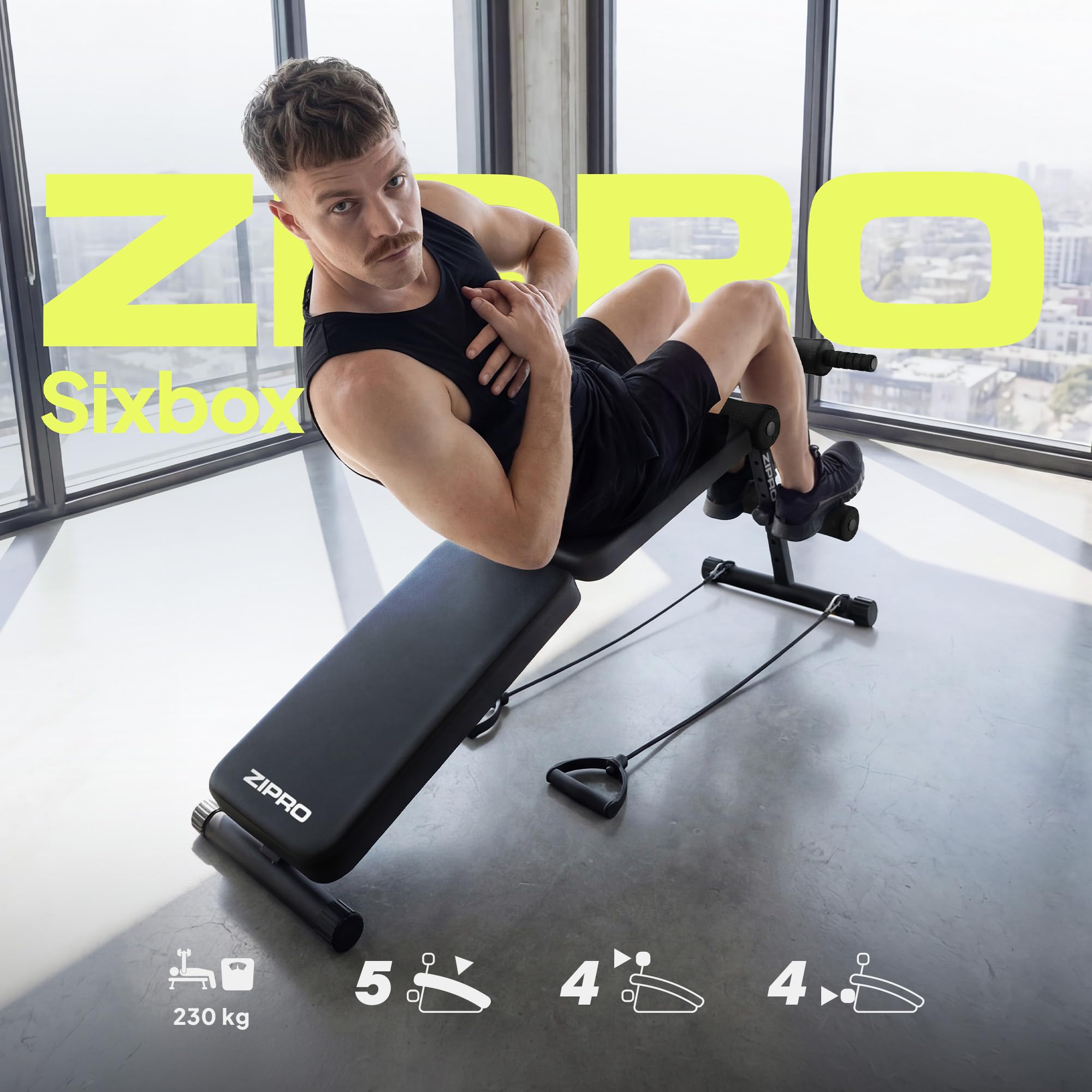 ZIPRO Banco Abdominales Sixbox Inclinado Plegable Ajustable Bandas 110kg