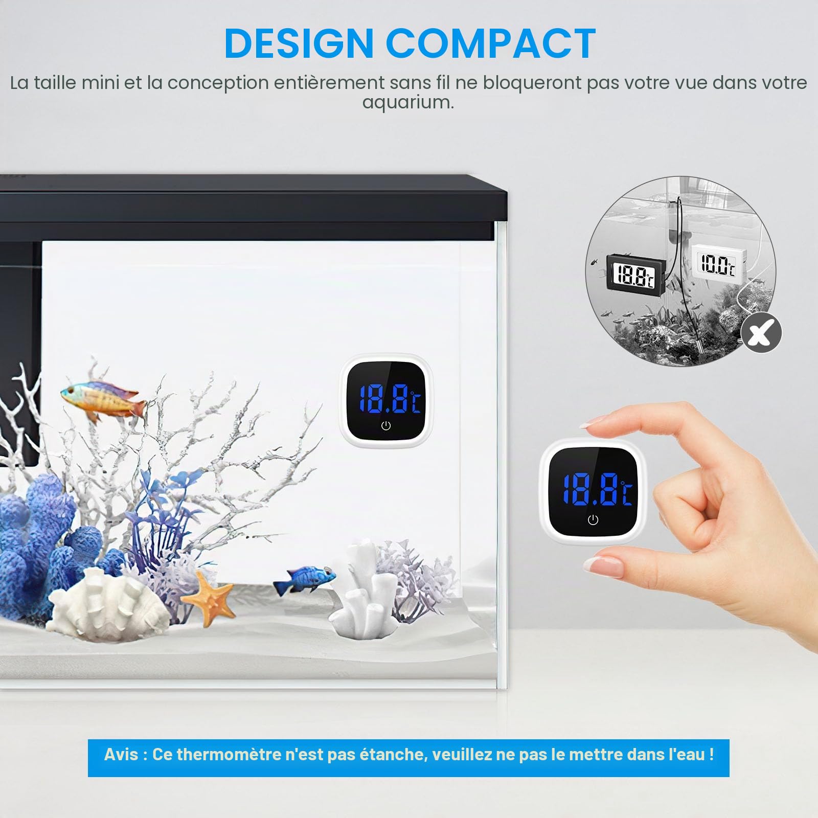 Brifit Thermomètre Aquarium Numérique, Mini Thermometre d'aquarium avec Ecran Tactile, Affichage LED, Thermometre Eau sans Fil pour Marine, Eau Doucee, Aquarium