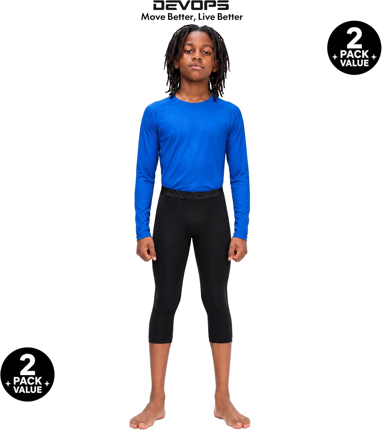 DEVOPS 2 Pack Boys Athletic Compression 3/4 Leggings Pants Base Layer | Capri Length, UPF 50+ Sun Protection, 4-Way Stretch Fabric, Advanced Moisture Wicking