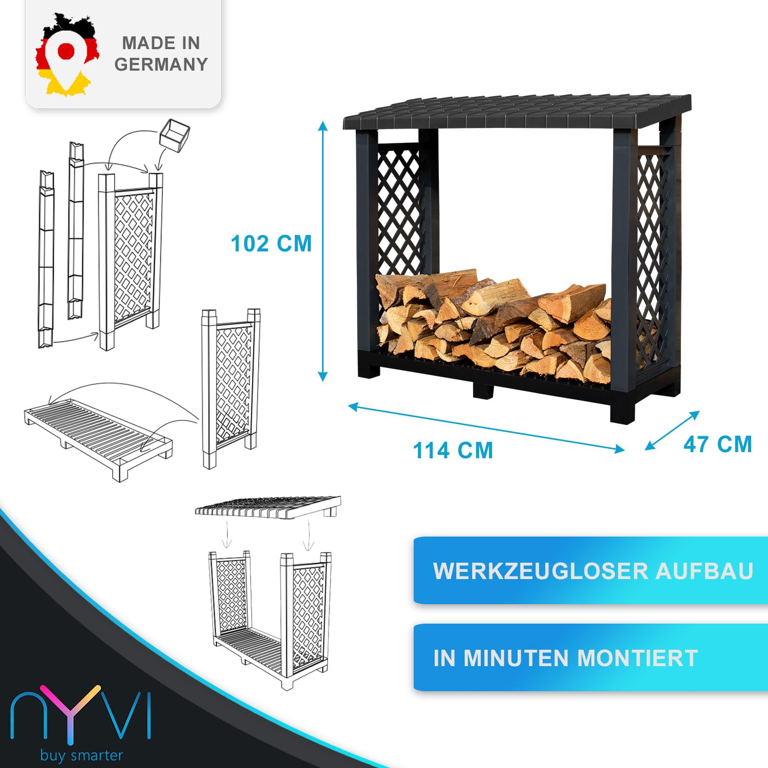 NYVI Kaminholzregal mit Dach & erhöhtem Boden für Außen - Recycelter Kunststoff - Wetterfest, Stabil, Langlebig - Kaminholzunterstand 114x102x47 cm Schwarz Outdoor - einfache Montage ohne Werkzeug