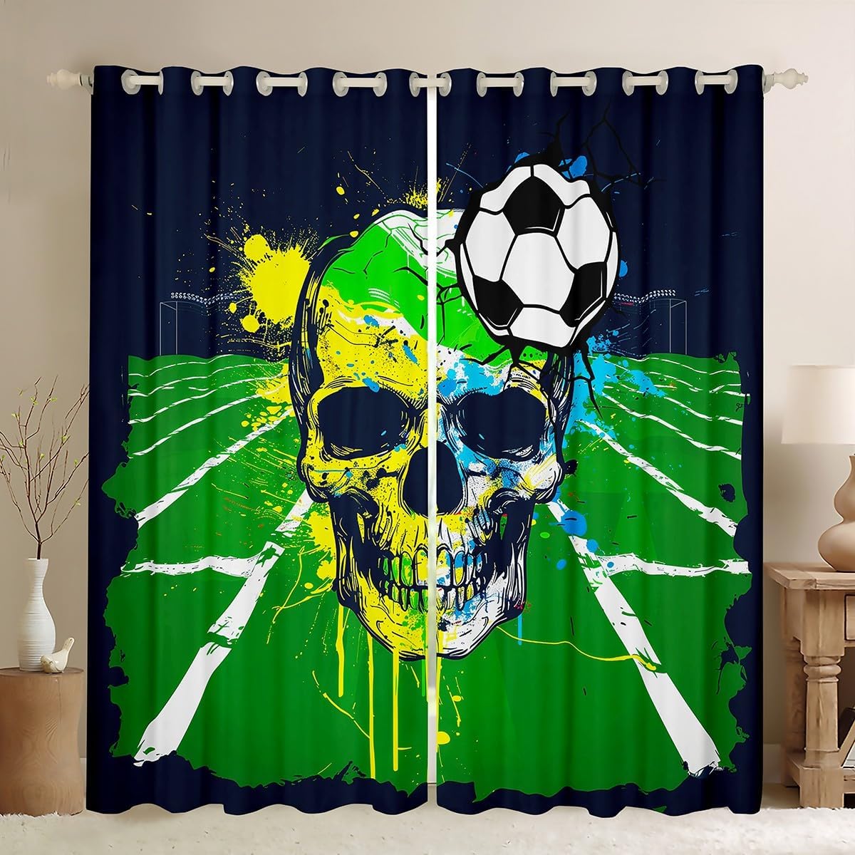 Skull Football Window Curtain Set of 2 Panels,Green Football Field Window Drapes,Halloween Theme Curtain for Kids Adults Bedroom Decor,38Wx45L