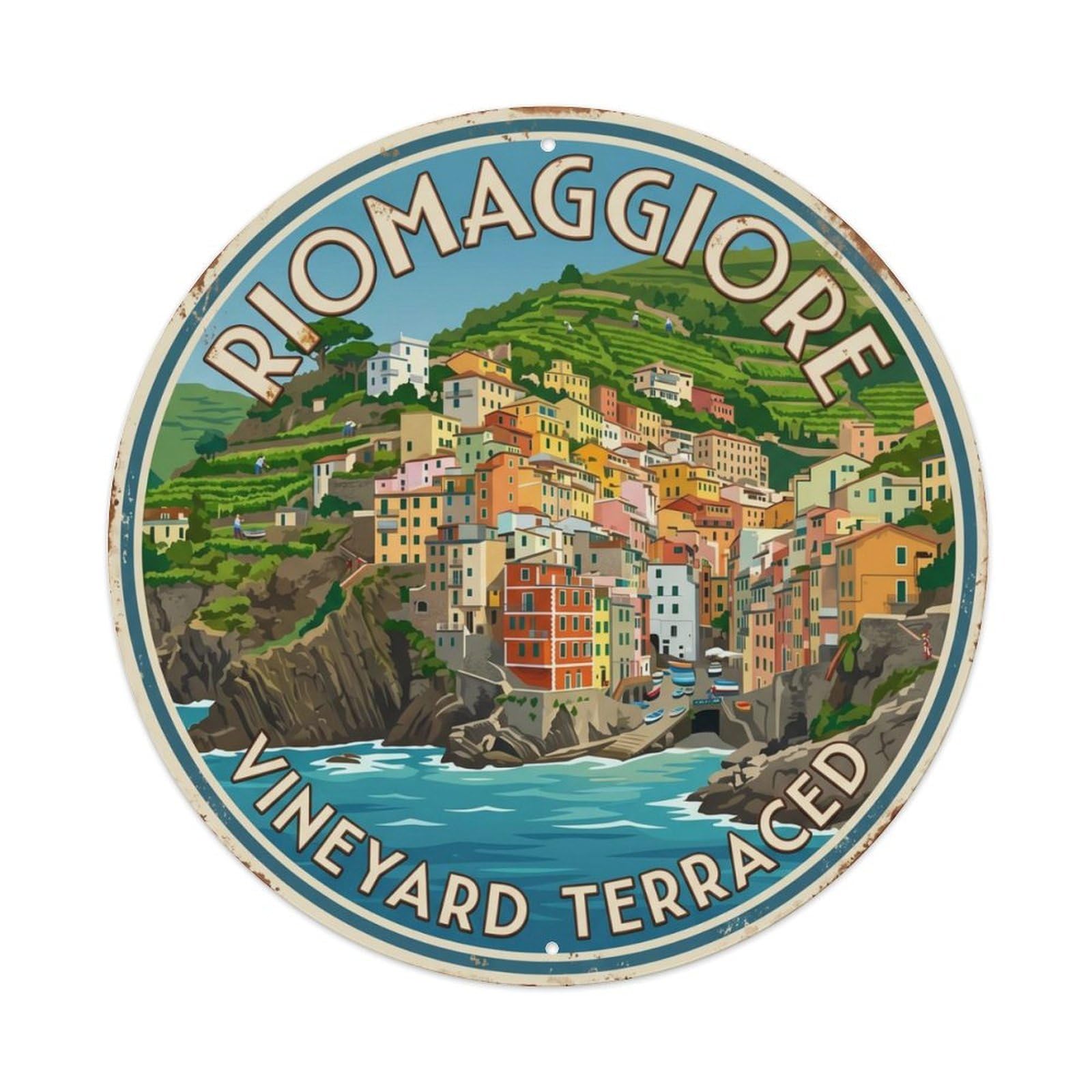 Riomaggiore Vineyard Terraced Italy Coast Metal Tin Sign Plaque Wall Decor for Cafe, Club Bar, Office, Home Garden Round Metal Poster 8x8Inch