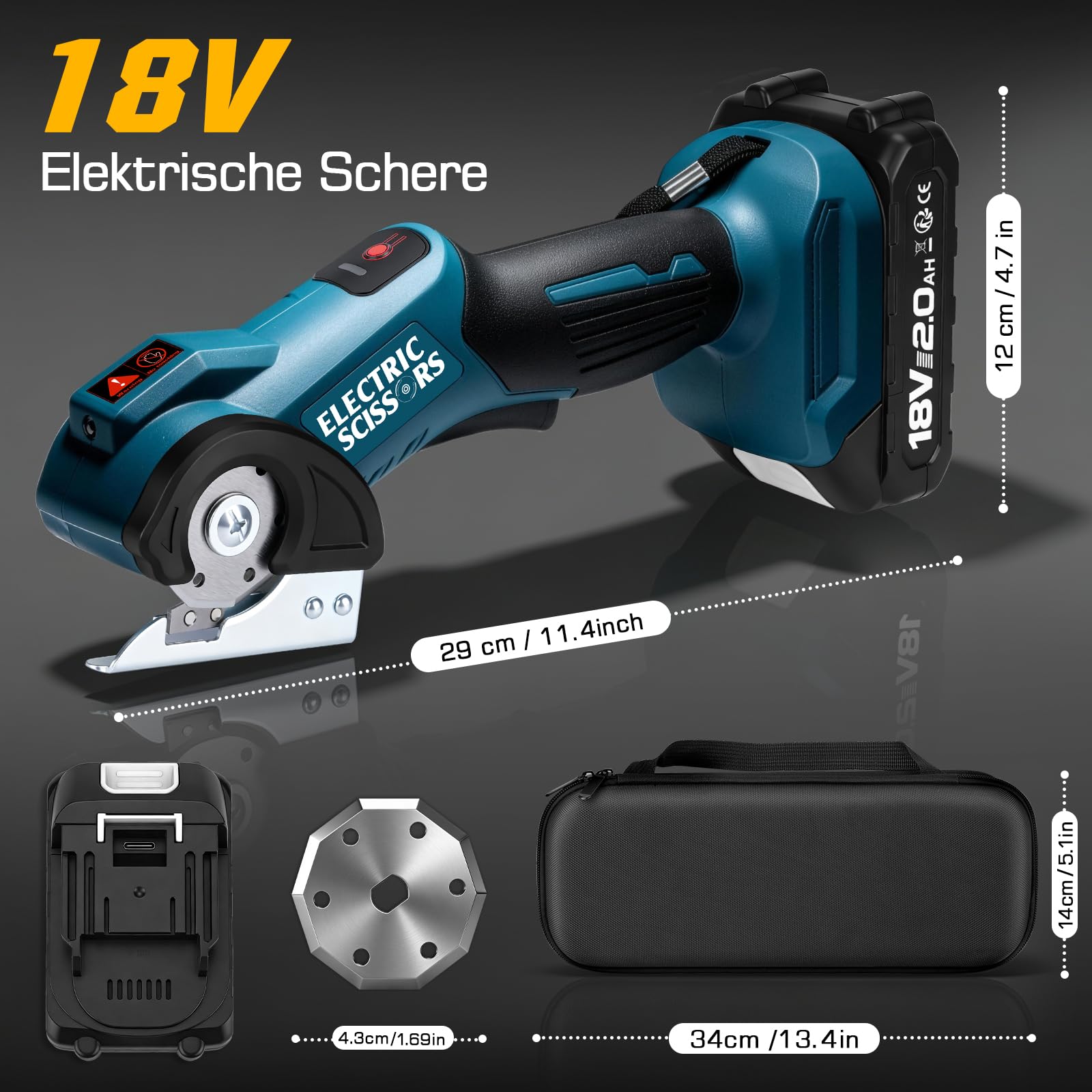 Kartonschneider Elektrische Schere mit 2000mAh Akku, Max. Schnittstärke 9 mm, 440 U/min Kabellose Rollschneider Teppichschneider mit LED-Licht & USB-C Kabel, Akkuschere Kompatibel mit Makita 18V Akku