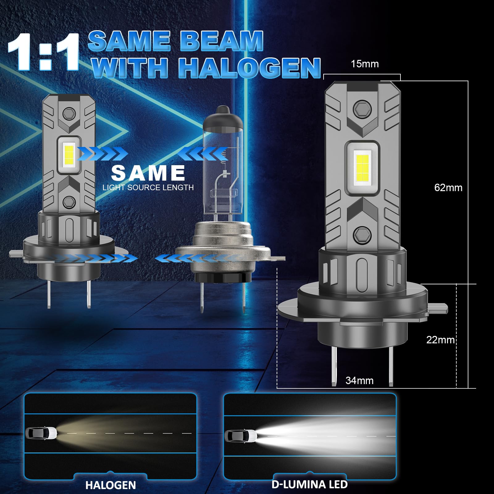 D-Lumina H7+H1 LED Żarówka Canbus 100W 16000LM 6500K Zimna Biel 400% Jasności 1:1 Mini Rozmiar, Zamiennik Halogenowy, Plug and Play, 4 sztuki
