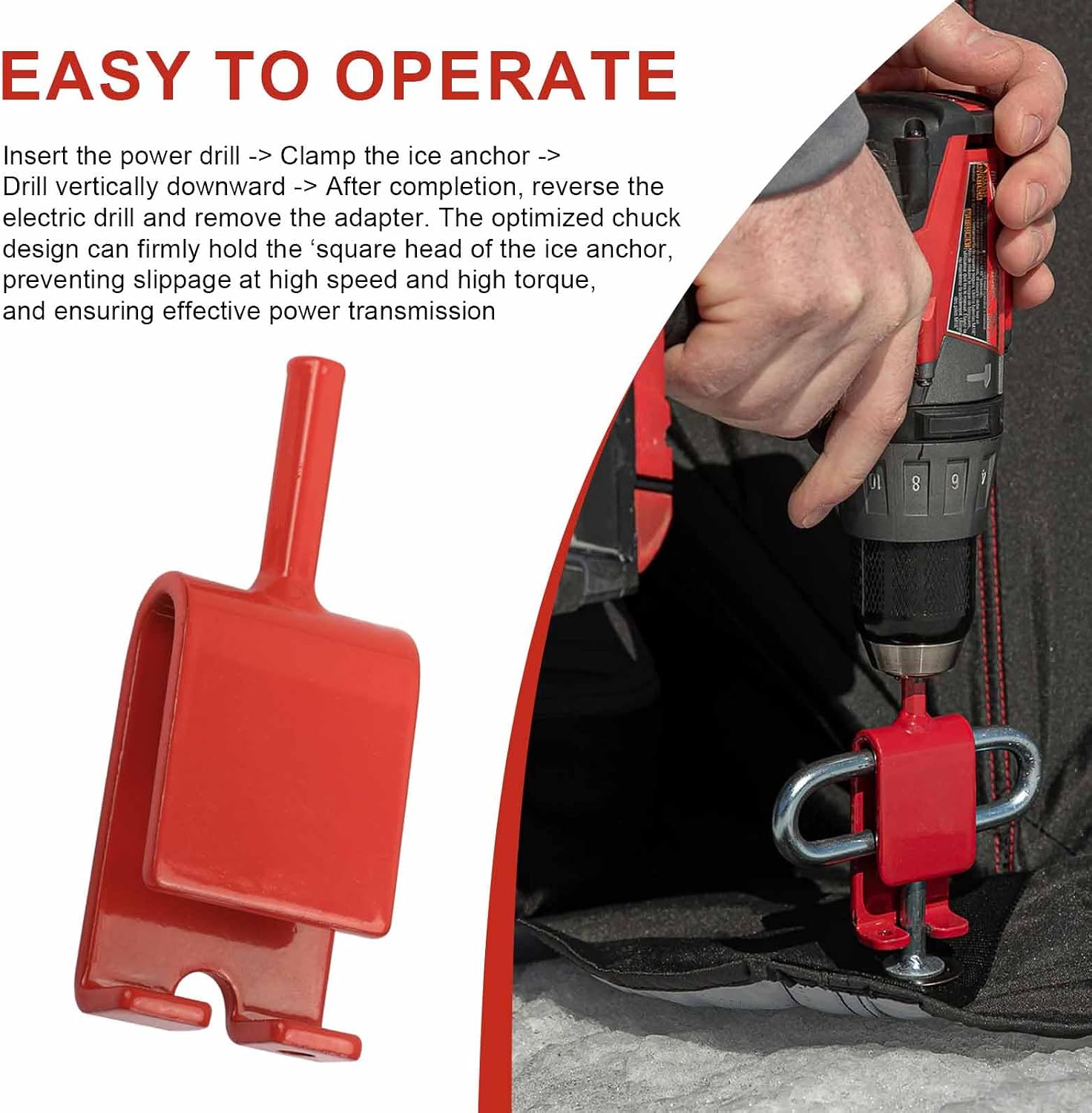 Ice Anchor Power Drill Adapter Fits 1/2" Electric Chuck and 3/8" Ice Anchor