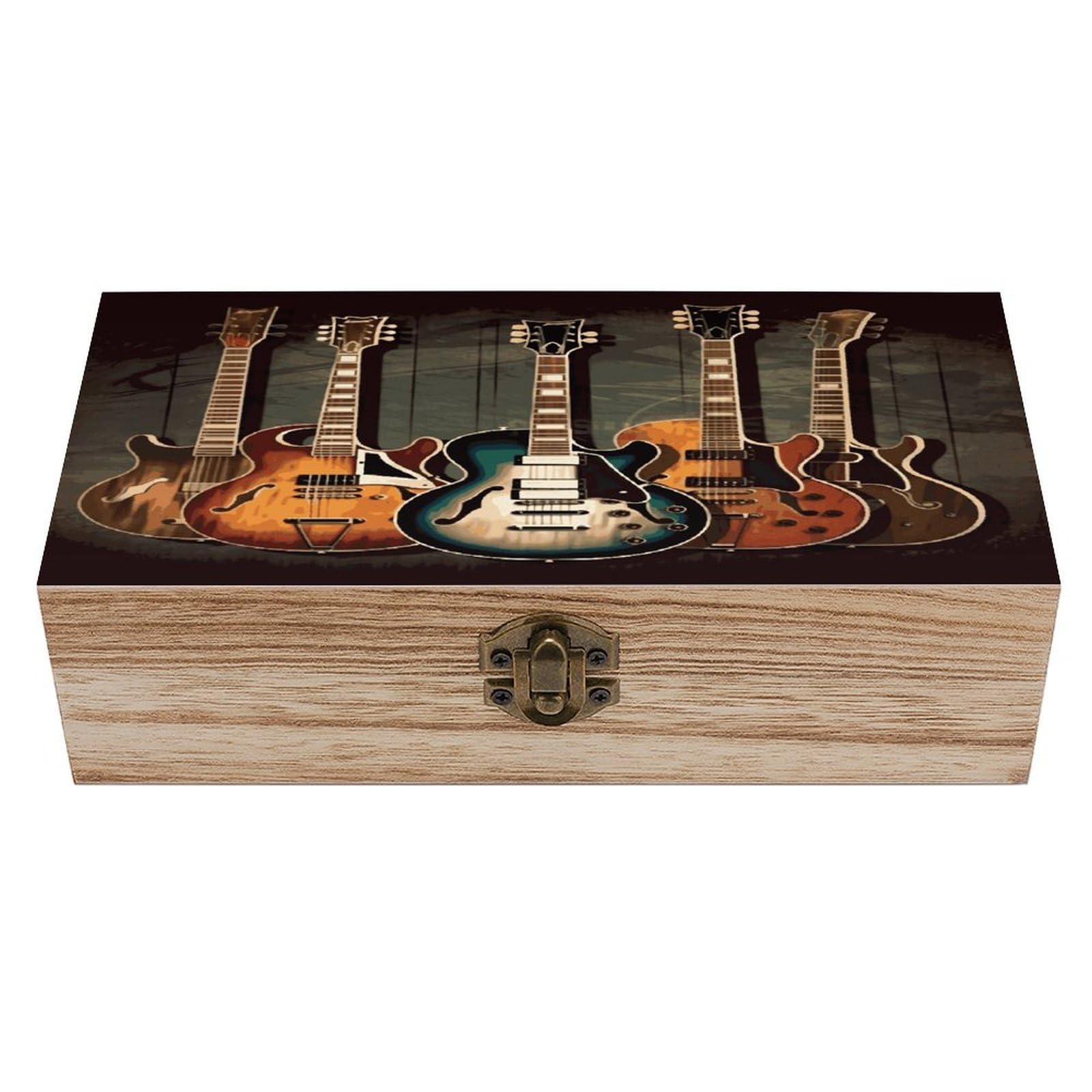 Btcowzrv Style Guitars Art Wooden Storage Box, Keepsake Box With Hinged And Retro Lock, Wood Jewelry Organizer For Photos & Mementos And Home Decor