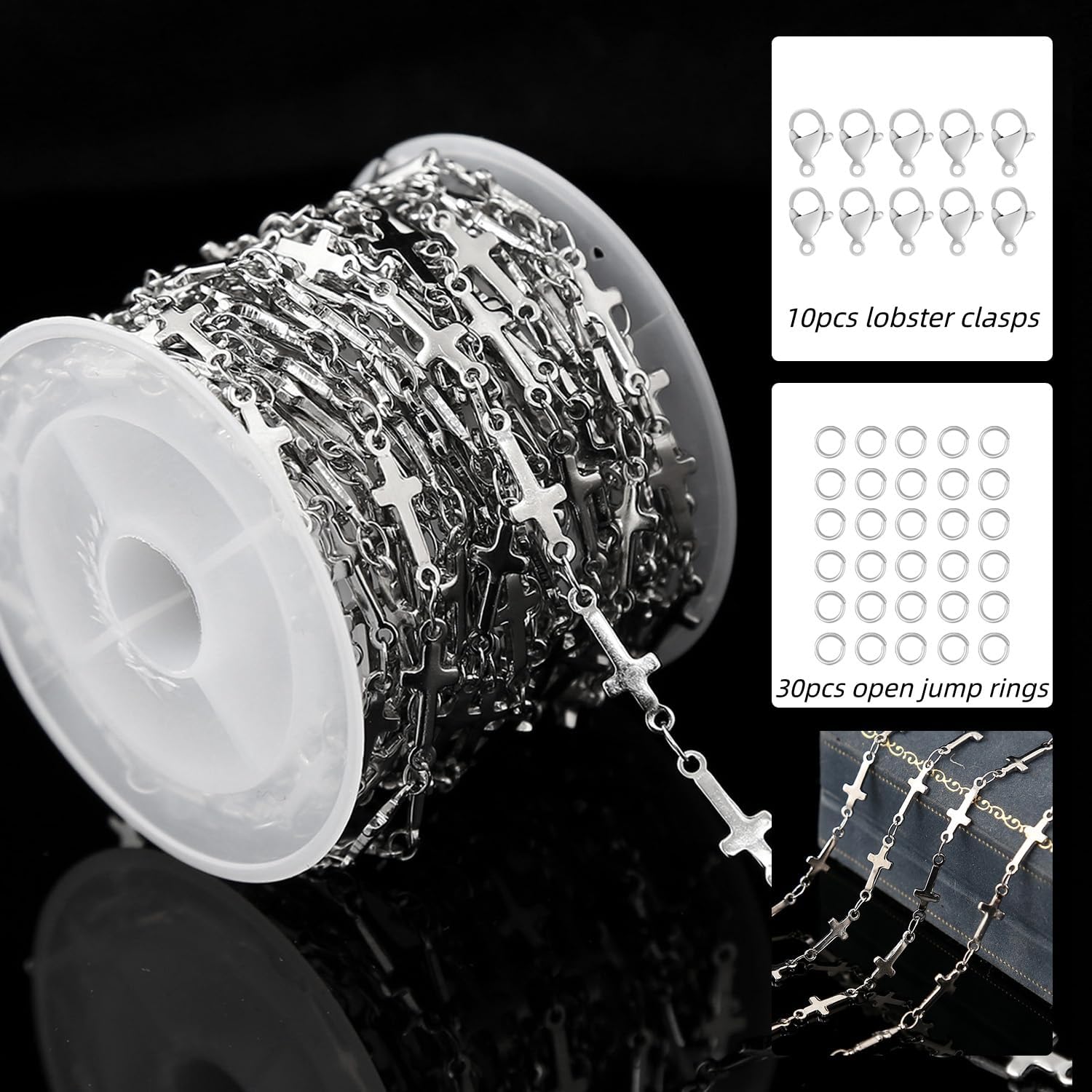 5 Meters Stainless Steel Cross Link Chains in Bulk for DIY Men Women Jewelry Making with Lobster Clasps, Jump Rings (Silver)