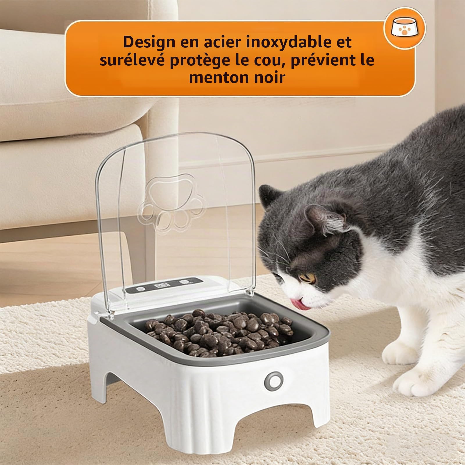 Mangeoire Automatique pour Chat – Capteur Intelligent, Bol de Nourriture Rabattable, Amovible Distributeur De Nourriture pour Animaux De Compagnie avec Affichage LCD, Acier Inoxydable, Noir