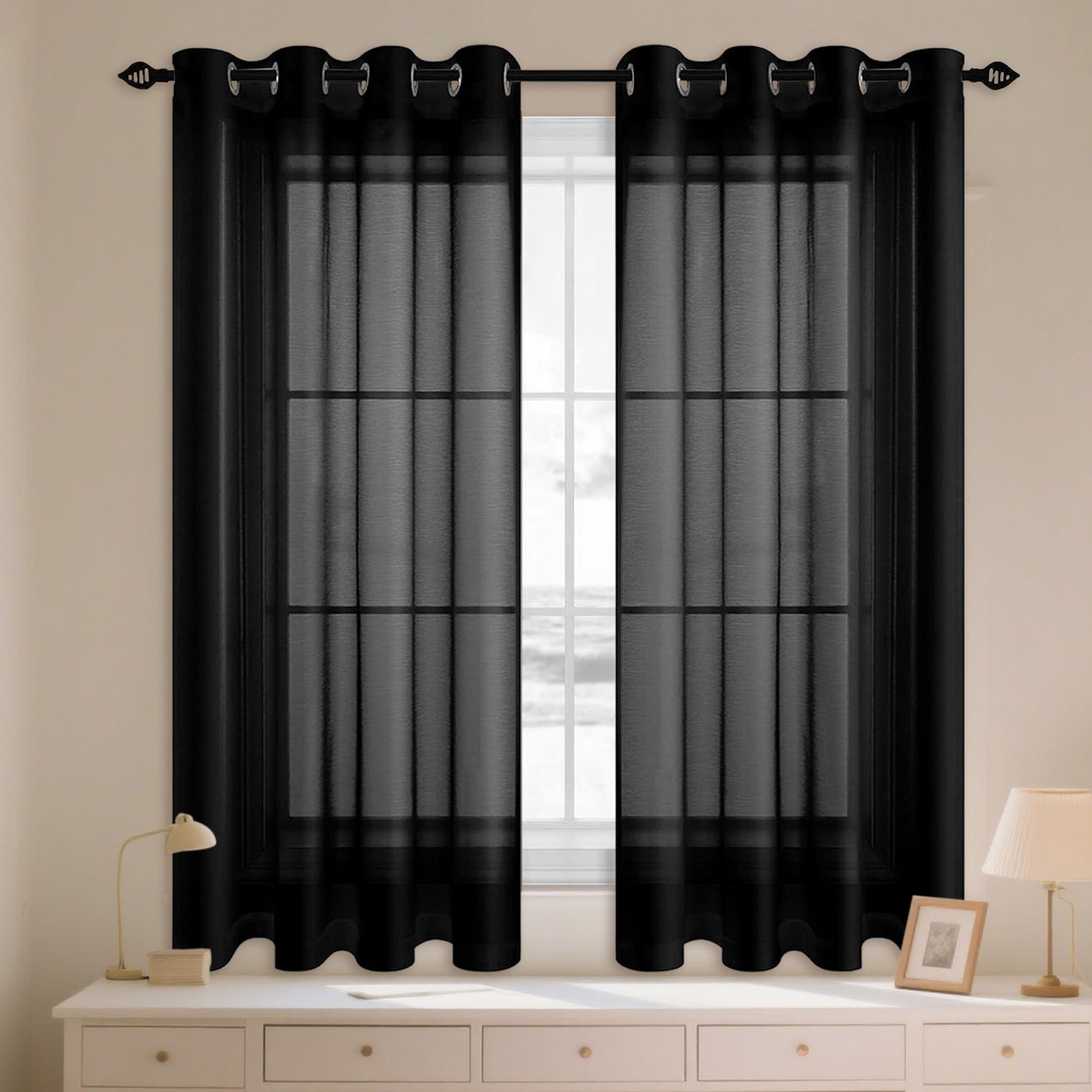 Przezroczyste Zasłony Z Woalu 900 x 230 cm Przewiewne Zasłony Półprzezroczyste Z Oczkami Miękkie Do Sypialni, Salonu, Kuchni, Pokoju Dziennego, Czarny