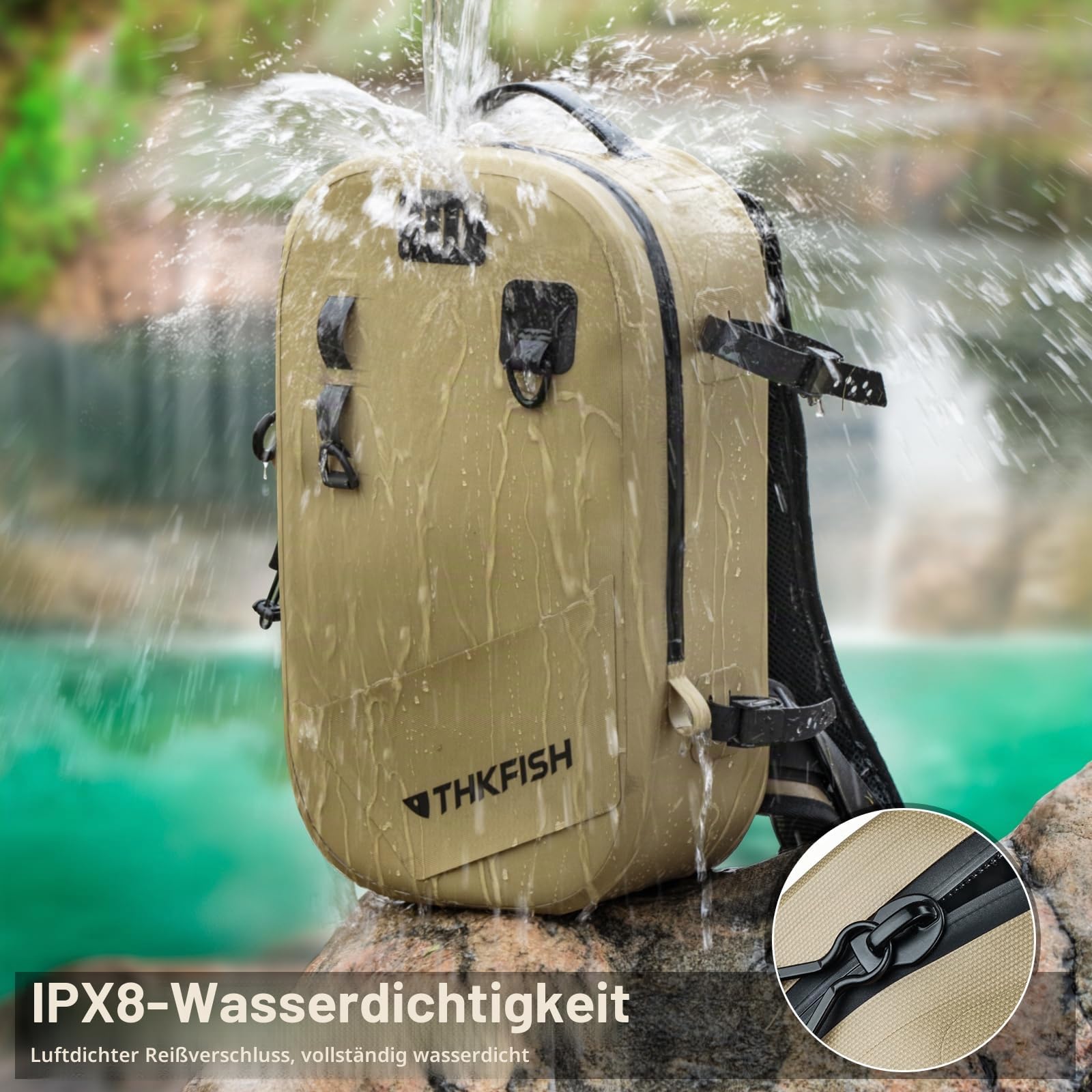 THKFISH Wasserdichter Angelrucksack, Forellen- und Fliegenfischen, Angeltasche, IPX8 wasserdichte Aufbewahrungstasche mit verstellbarem Gurt für Fliegenfisch, Kajak, Bootfahren