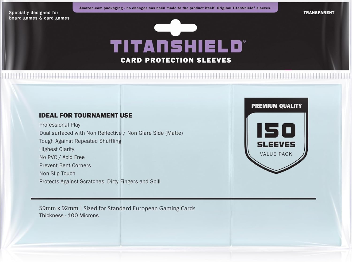 TitanShield (150 Sleeves) Clear Standard European Size Board Game and Matte Card Sleeves