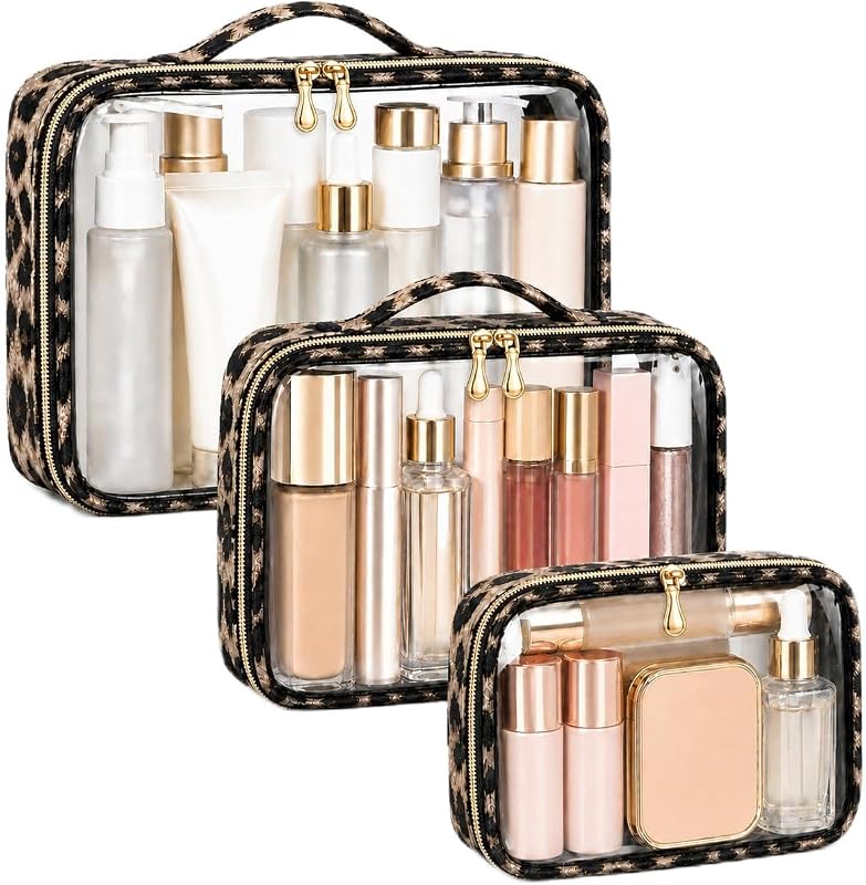 Necessaire transparente Cozomga com zíper e alça, estampa Leopard, 1 unidade