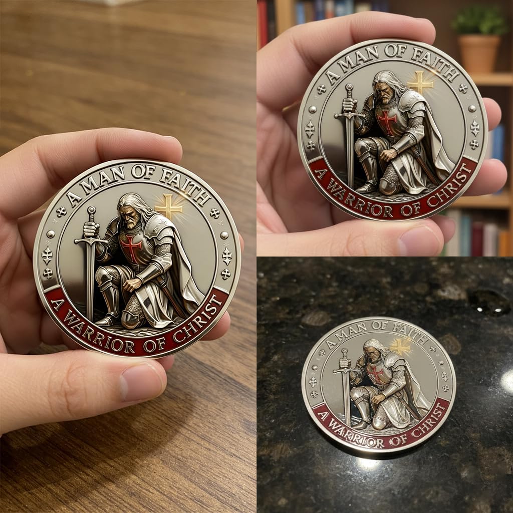 Sacred Guardian Commemorative Coin – Double-Sided Knight Templar Christian Challenge Coin with Red Cross Shield, Sword & Armor of God Design – Inspirational Religious Gift for Men & Women