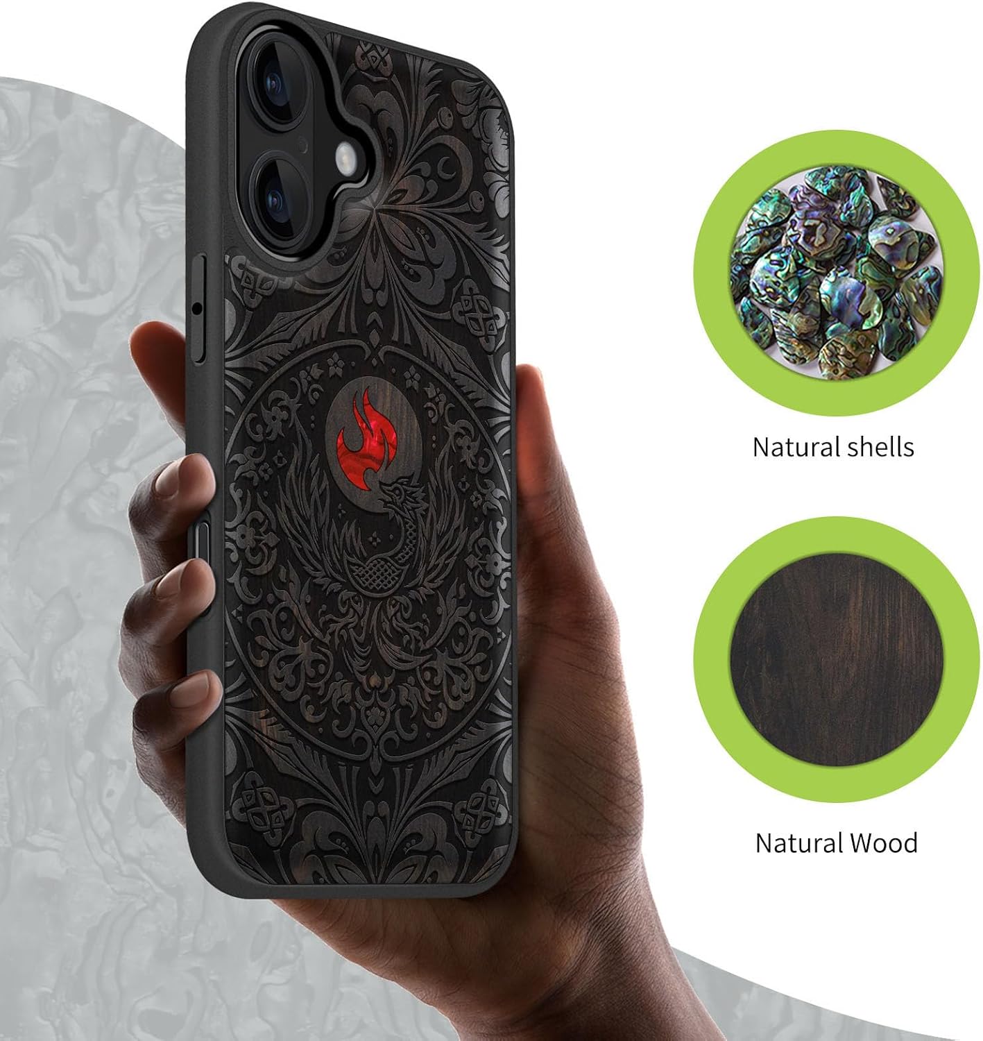 Carveit Magnetic Wooden Case for iPhone 17 Case, Wood Artisan Engraved & Handmade Shell Inlaid, TPU Shockproof Cover, Compatible with MagSafe Wireless Chargers (Phoenix in Symmetry-Blackwood)